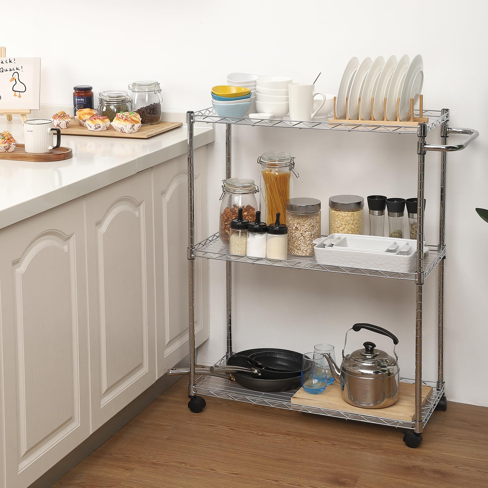 GARVEE 3-Tier Rolling Kitchen Cart with Handle & Shelf Liner - 300LBS Capacity Mobile Utility Cart for Kitchen, Restaurant, Office & Home Storage - Perfect for Organizing Spices, Cookware & Serving Dishes