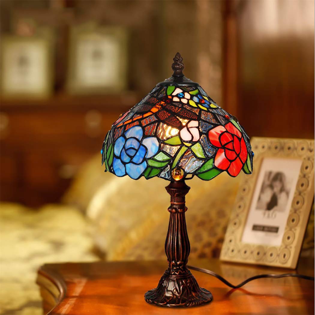 Tiffany Style Dragonfly Rose Stained Glass Table Lamp - 8 Inch Modern Desk & Bedside Lamp for Living Room, Bedroom, Office Decor | Perfect for Reading, Nightstand Lighting & Home Accent