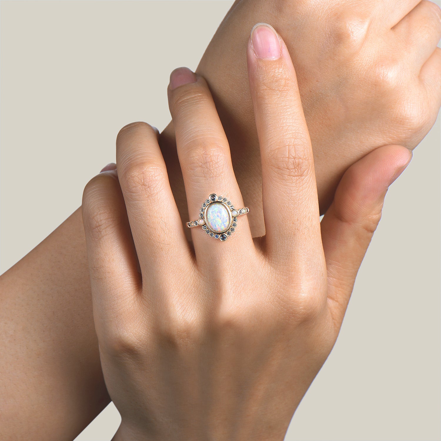 Oval Cut White Opal Engagement Ring with Blue Topaz Halo in 14K Yellow Gold - Perfect for Wedding, Proposal & Anniversary Gifts