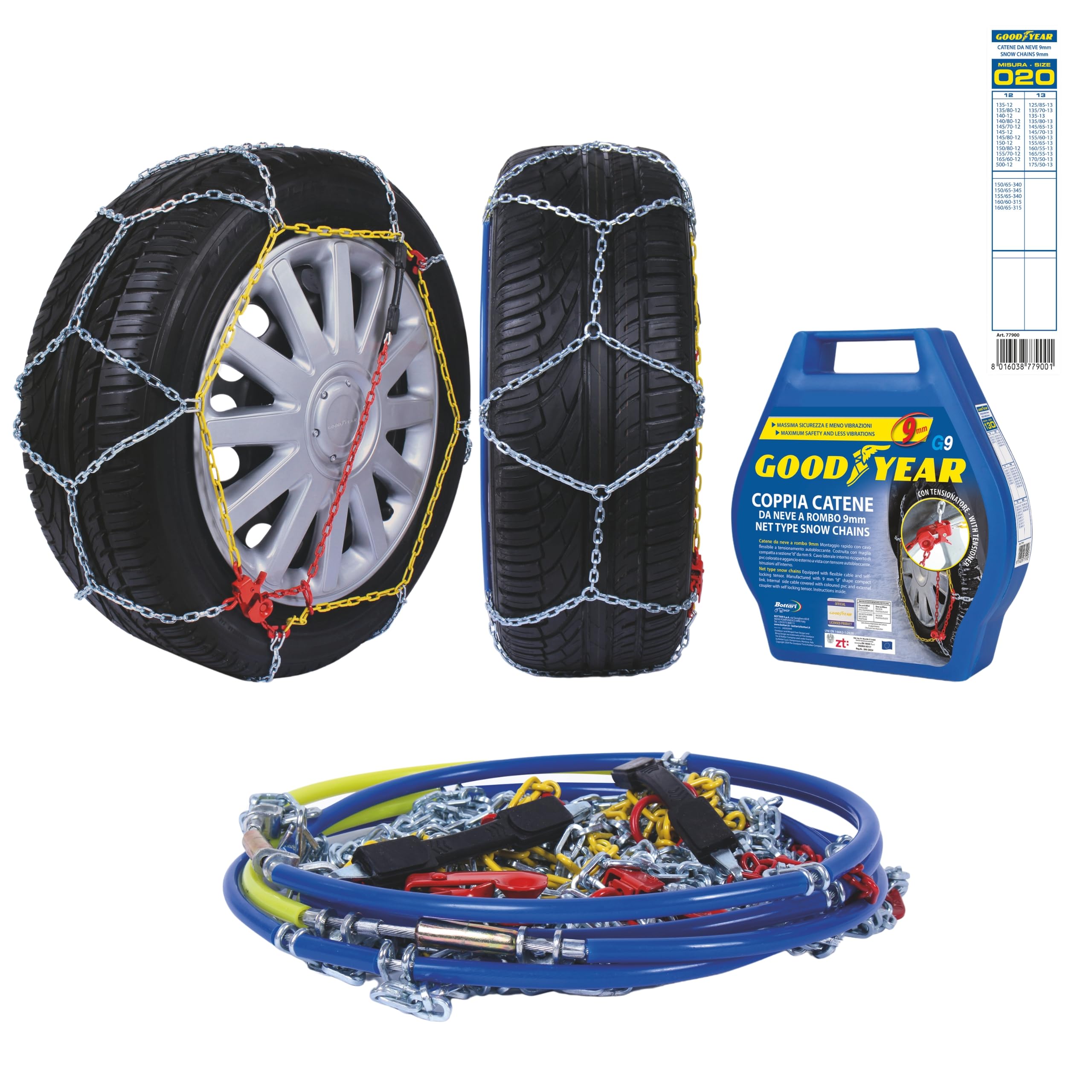 Goodyear 77900 G9 9mm Car Passenger Snow Chains - TUV & ONORM Approved (Size 020) - Winter Traction for Cars, SUVs & Light Trucks in Snowy Conditions