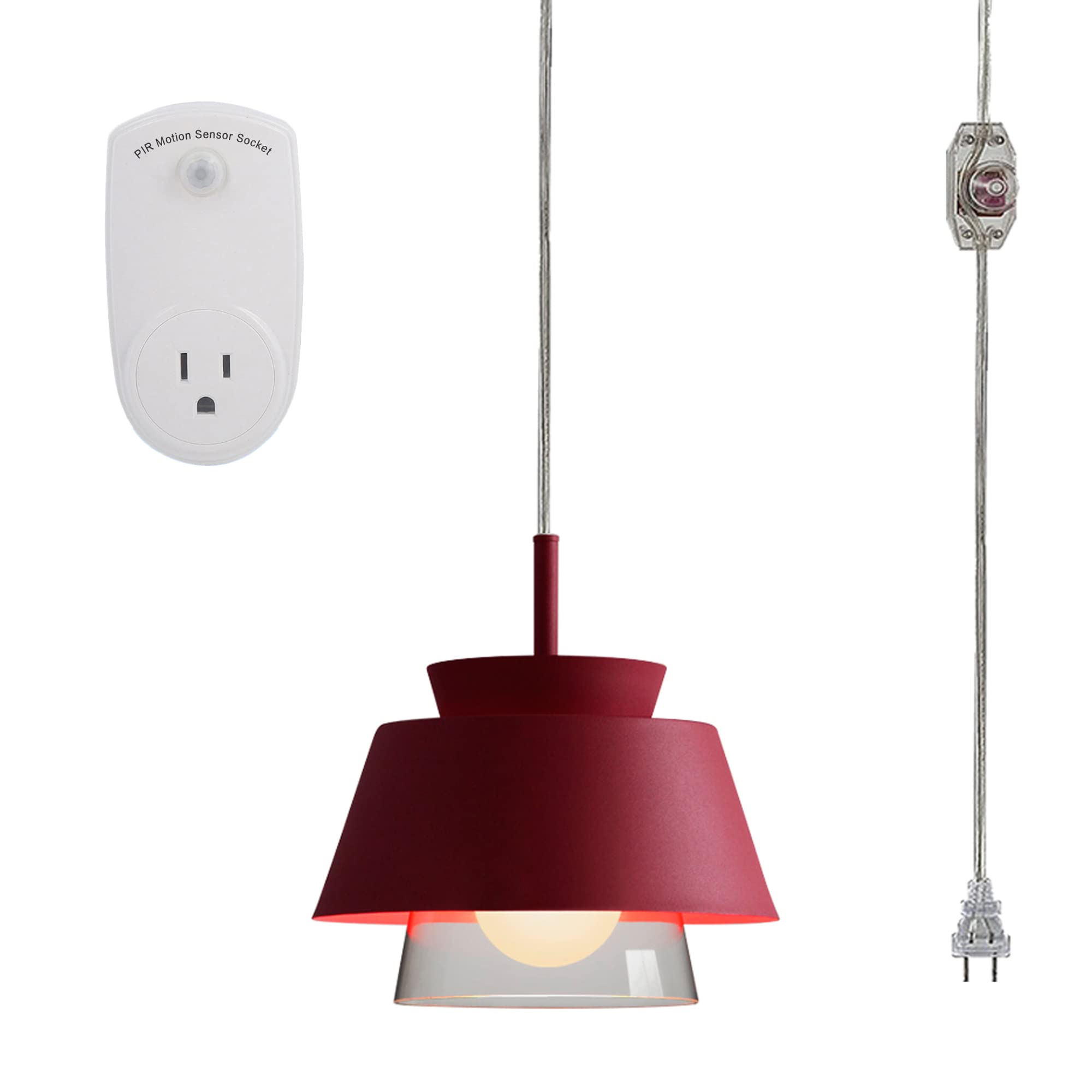 Plug-in Motion Sensor Glass Pendant Light - 20ft UL Listed Dimmable Cord, Macaron Red Iron Lampshade - Nordic Minimalist Loft Style Fixture for Indoor Dark Rooms & Hallways | Perfect for Bedrooms, Closets, Staircases and Energy-Efficient Home Lighting