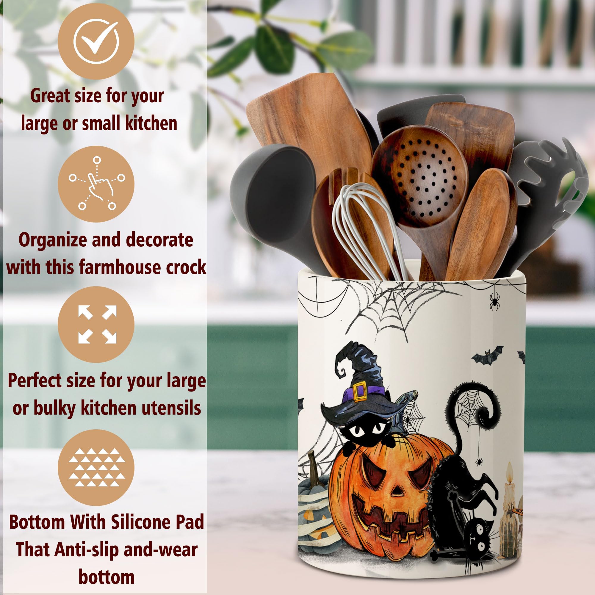 Halloween Ceramic Utensil Holder - 6.5in Cute Farmhouse Kitchen Decor for Halloween, Spooky Kitchen Utensil Organizer - Perfect for Halloween Party, Home Decor & Seasonal Kitchen Storage