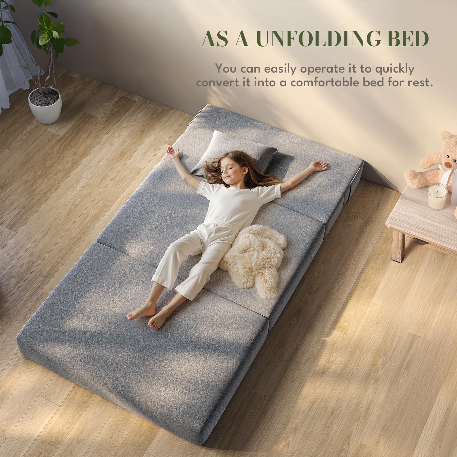 IULULU Folding Sofa Bed with 2 Pillows - Convertible Sleeper Floor Couch with Foldable Foam Mattress - Twin Size for Living Room, Dorm, Guest Room & Small Apartments - Perfect for Overnight Guests, Lounging & Space-Saving Solutions