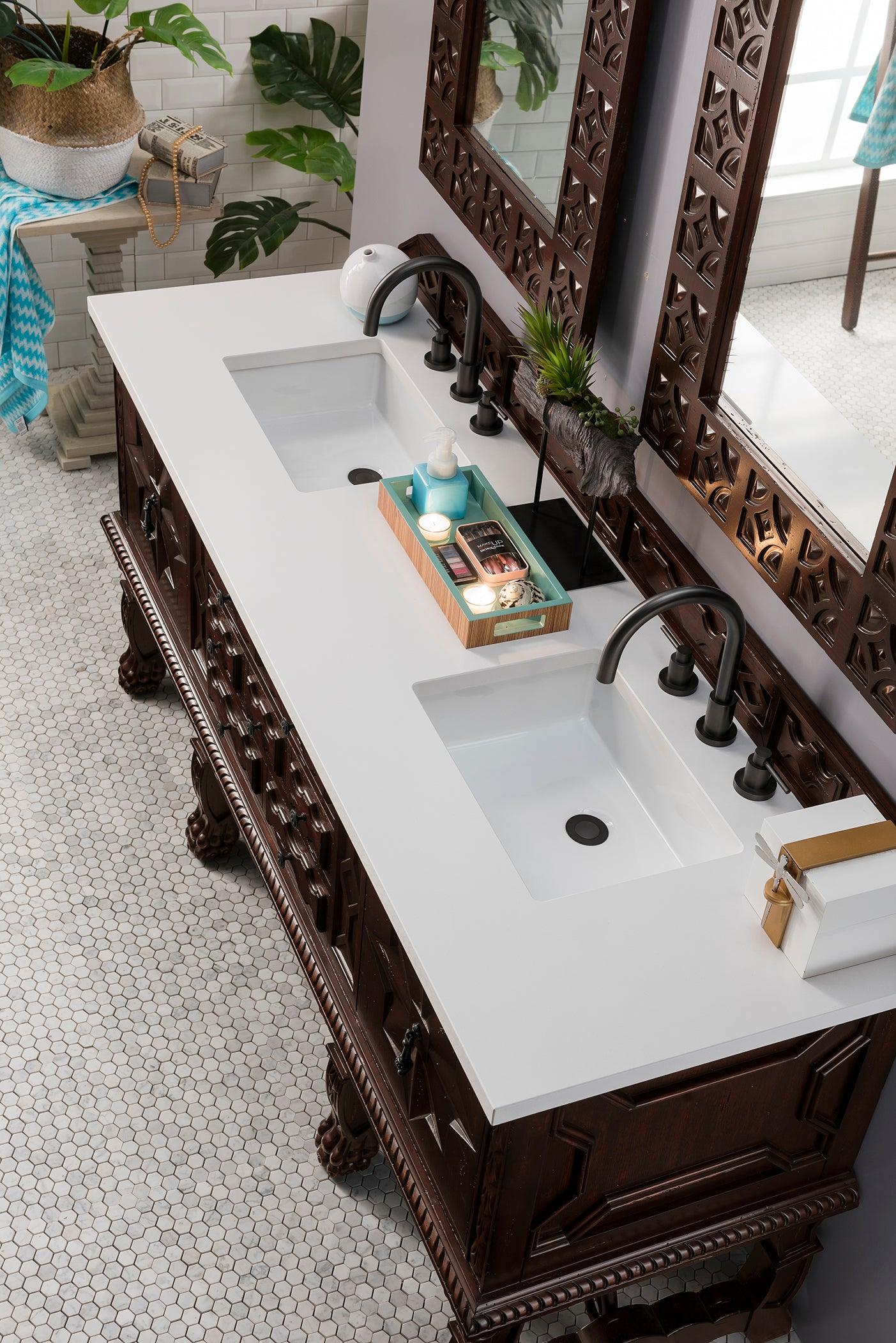 Balmoral 72 Inch Double Vanity Bathroom Cabinet with 3CM Classic White Quartz Countertop - Antique Walnut Finish for Master Bathroom or Guest Bath Remodel