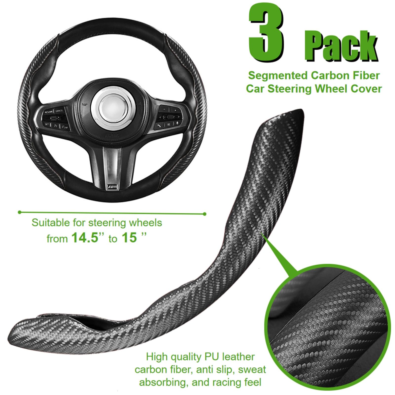 WSSROGY 3-Pack Non-Slip Carbon Fiber Steering Wheel Cover - Universal Fit for Most Cars, Anti-Skid Grip Enhancer (Black) | Perfect for Daily Commuting, Road Trips & Enhanced Driving Comfort