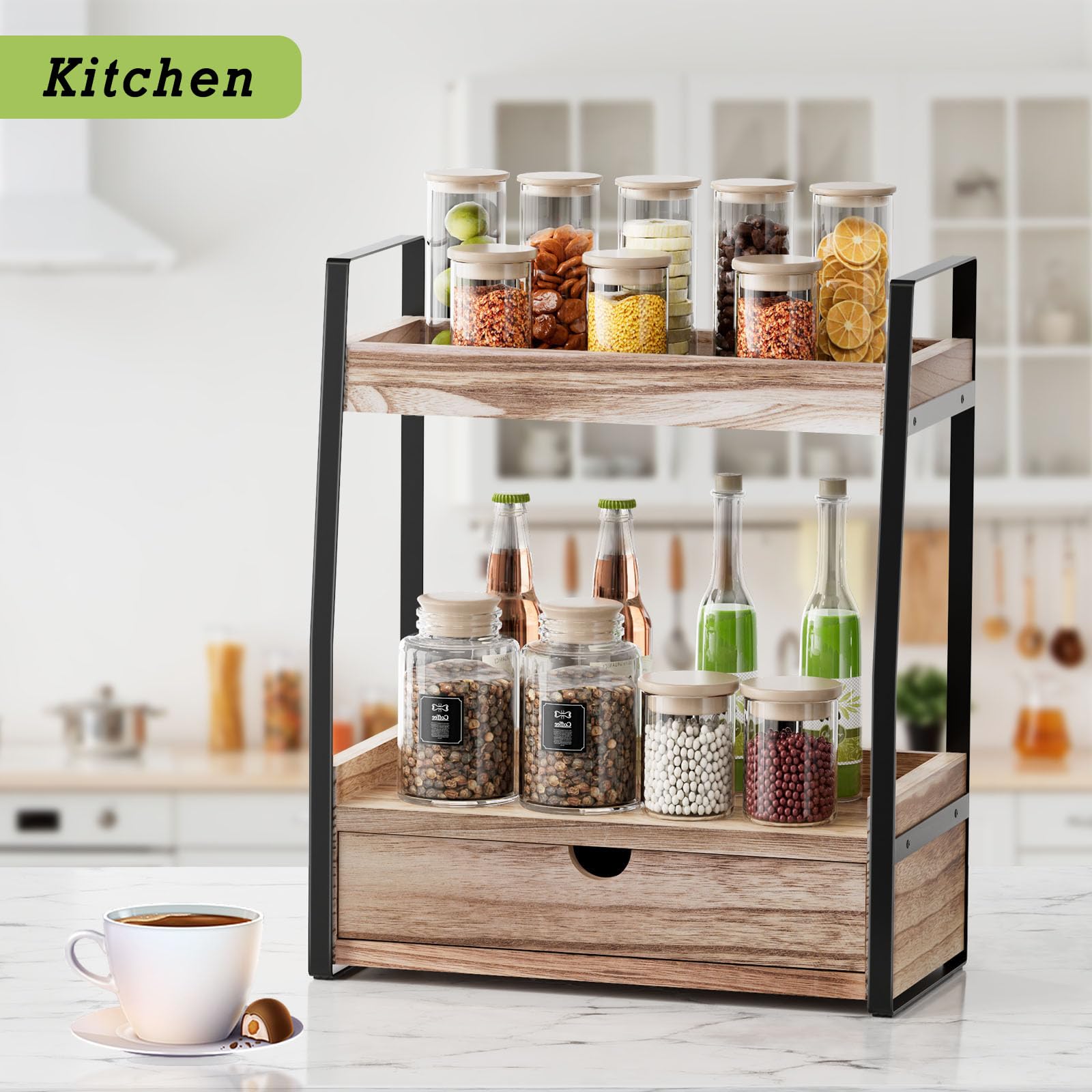 2-Tier Bathroom Counter Organizer with Drawer - Vanity Shelf Organizer for Makeup, Cosmetics & Toiletries - Space Saving Storage for Bathroom, Kitchen & Office - Rustic Brown Countertop Organizer (Perfect for Small Spaces & Clutter-Free Vanity)