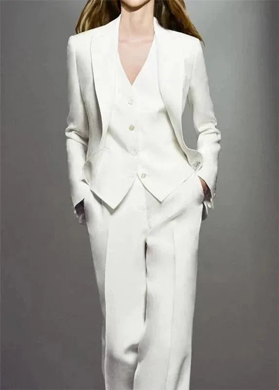 Elegant White Formal Three Piece Pantsuit for Women | Business Attire & Office Wear | Perfect for Weddings, Interviews & Professional Events