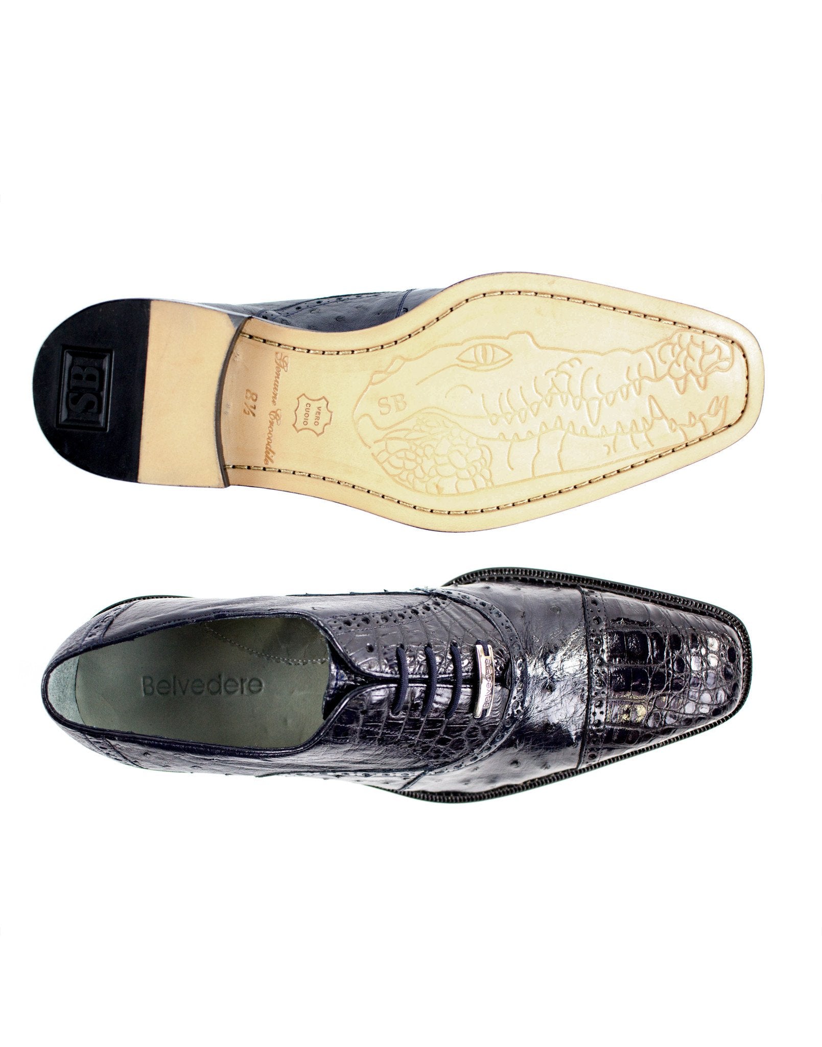 Belvedere Onesto II Genuine Ostrich & Crocodile Leather Dress Shoes for Men - Navy Blue Size 9.5 & 13 - Luxury Formal Business & Wedding Oxford Shoes