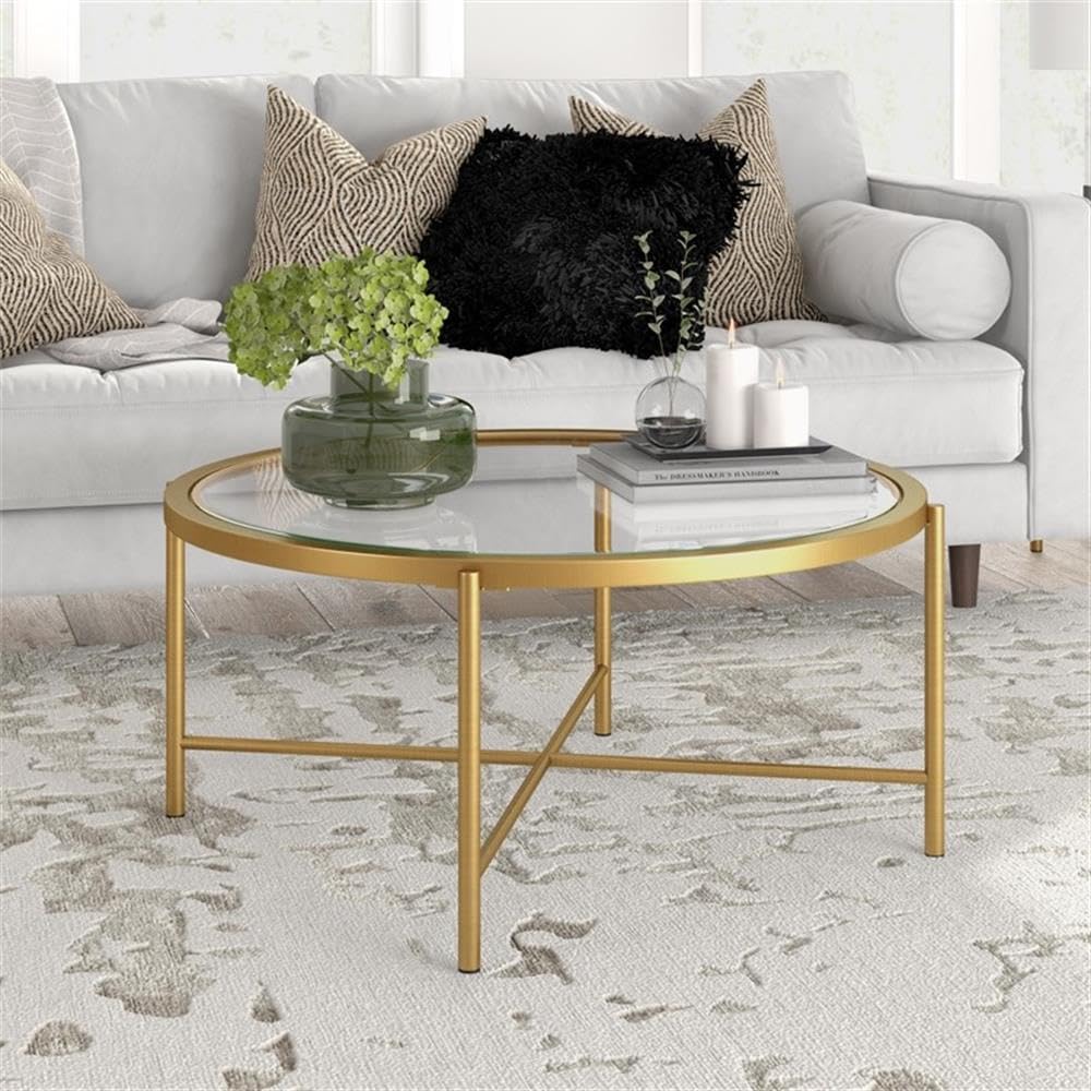 Duxbury 36 Inch Wide Round Coffee Table - Brass Finish Modern Living Room Furniture for Home Decor & Entertaining