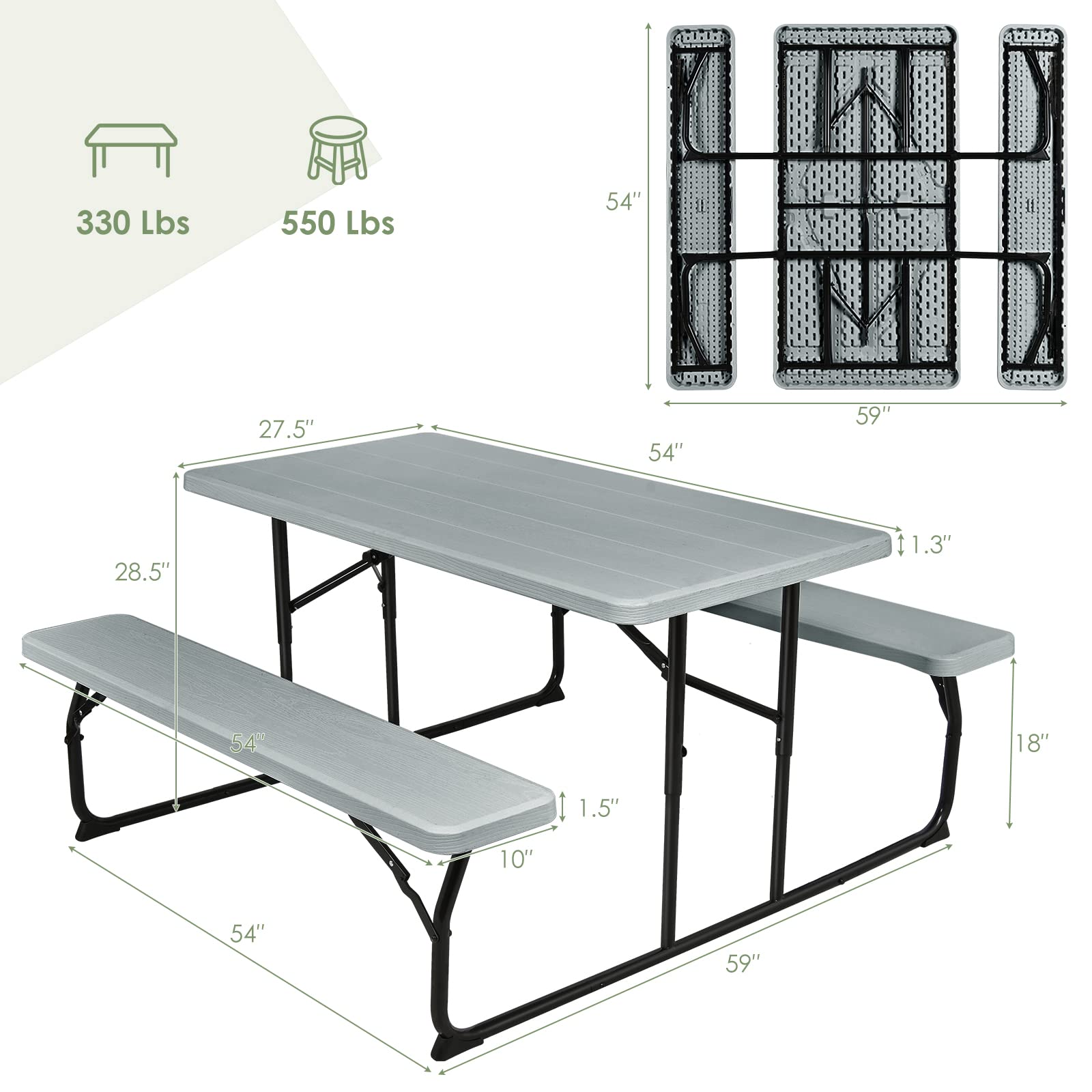 Giantex Folding Picnic Table with Benches - Outdoor Dining Set for Camping, Patio, Lawn, Garden & Poolside - Portable Weather-Resistant Metal Frame (Gray) - Perfect for BBQs, Picnics & Outdoor Gatherings