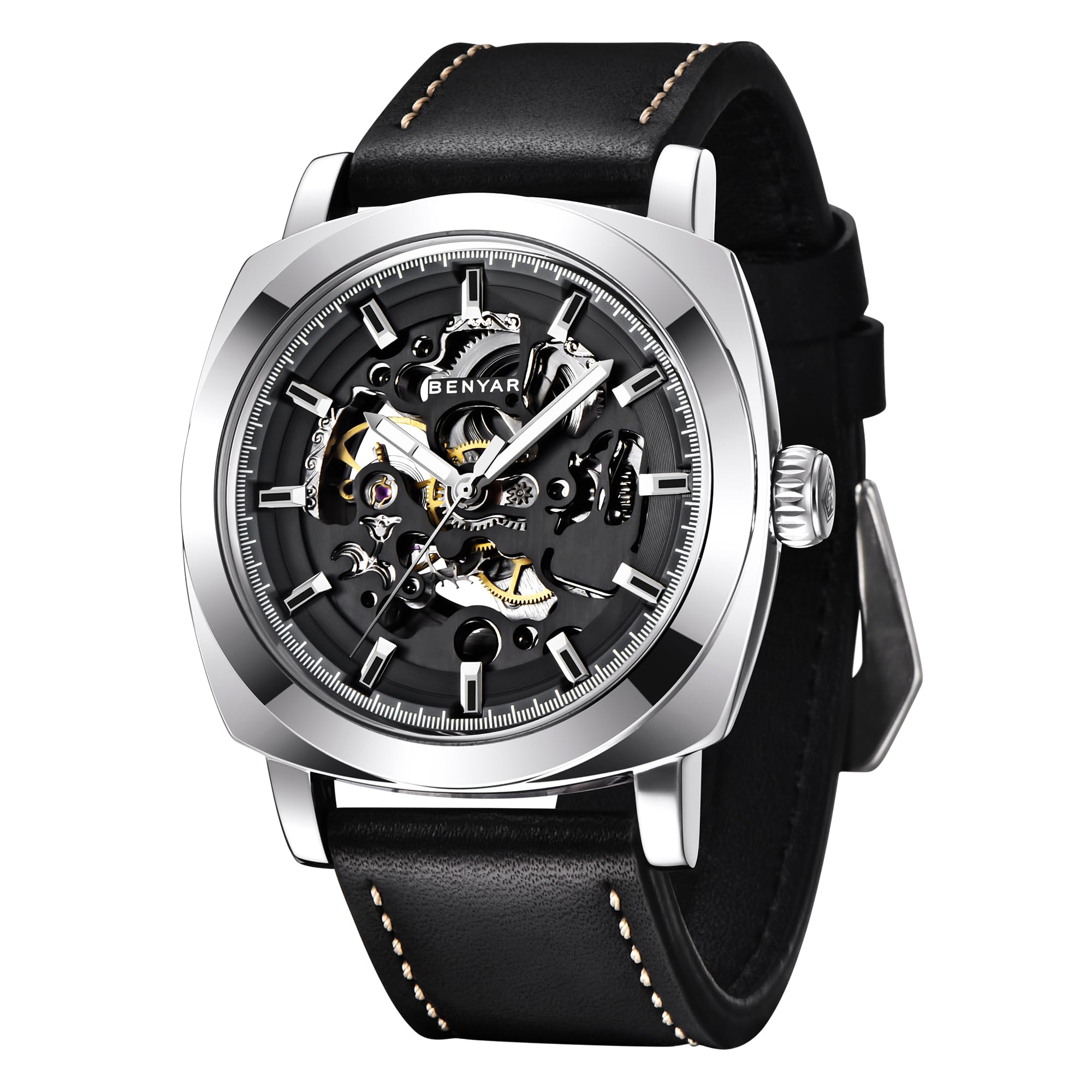 Benyar Automatic Skeleton Watch for Men - 45mm Stainless Steel Case, Genuine Leather Strap, 30M Waterproof Mechanical Watch - Perfect for Business, Formal Occasions & Everyday Wear