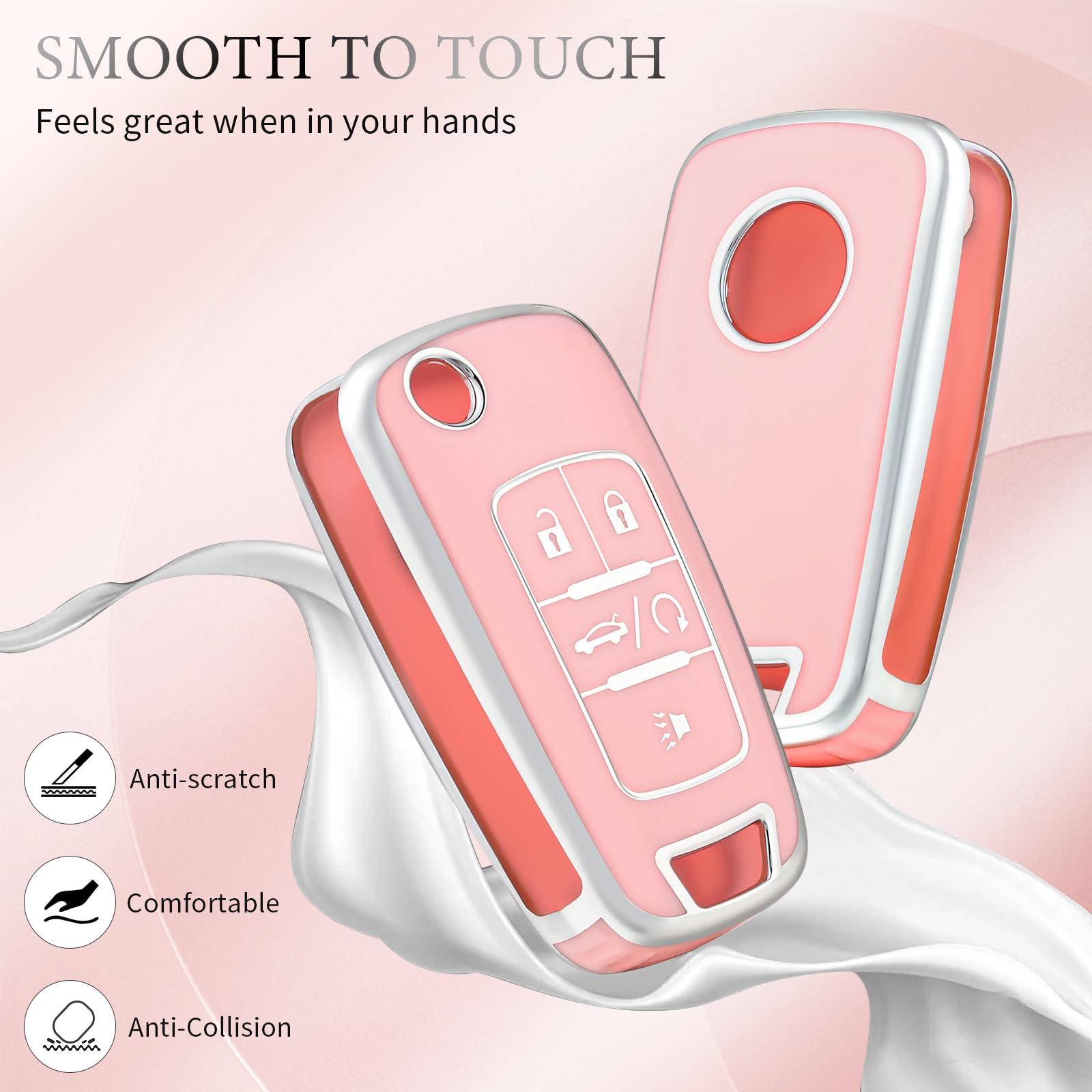 Premium Car Key Fob Cover with Keychain for Chevy, GMC, Buick - Compatible with Encore, Terrain, Malibu, Camaro, Cruze, Impala, Equinox, Volt, Spark, Sonic - Durable Smart Key Protector Accessories (Pink) - Perfect for Everyday Use, Gift Ideas & Vehicle Protection