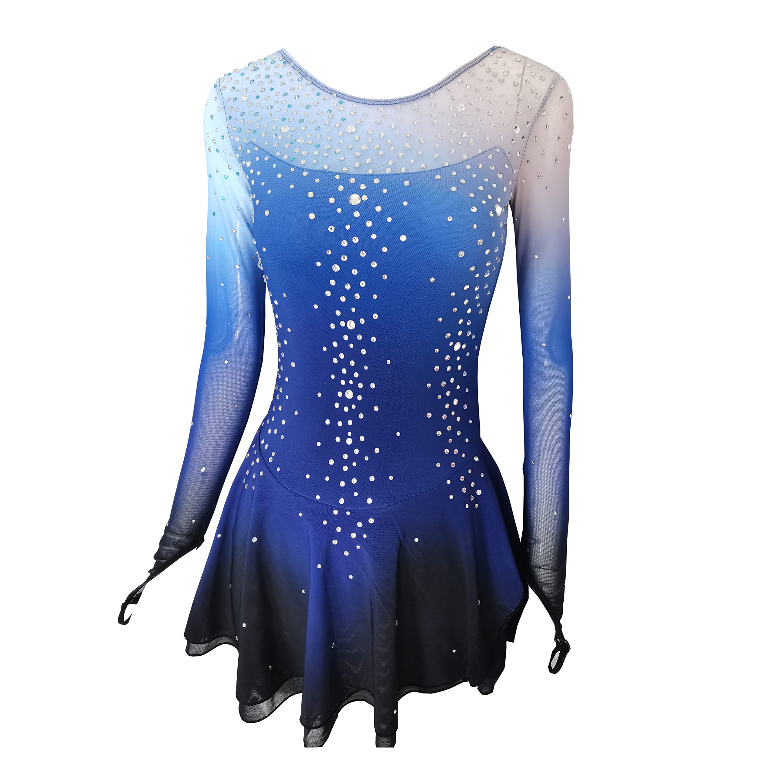 Blue Black Gradient Ice Skating Dress for Girls & Women - Long Sleeve Figure Skating Competition Costume - Perfect for Ice Shows, Competitions & Performances