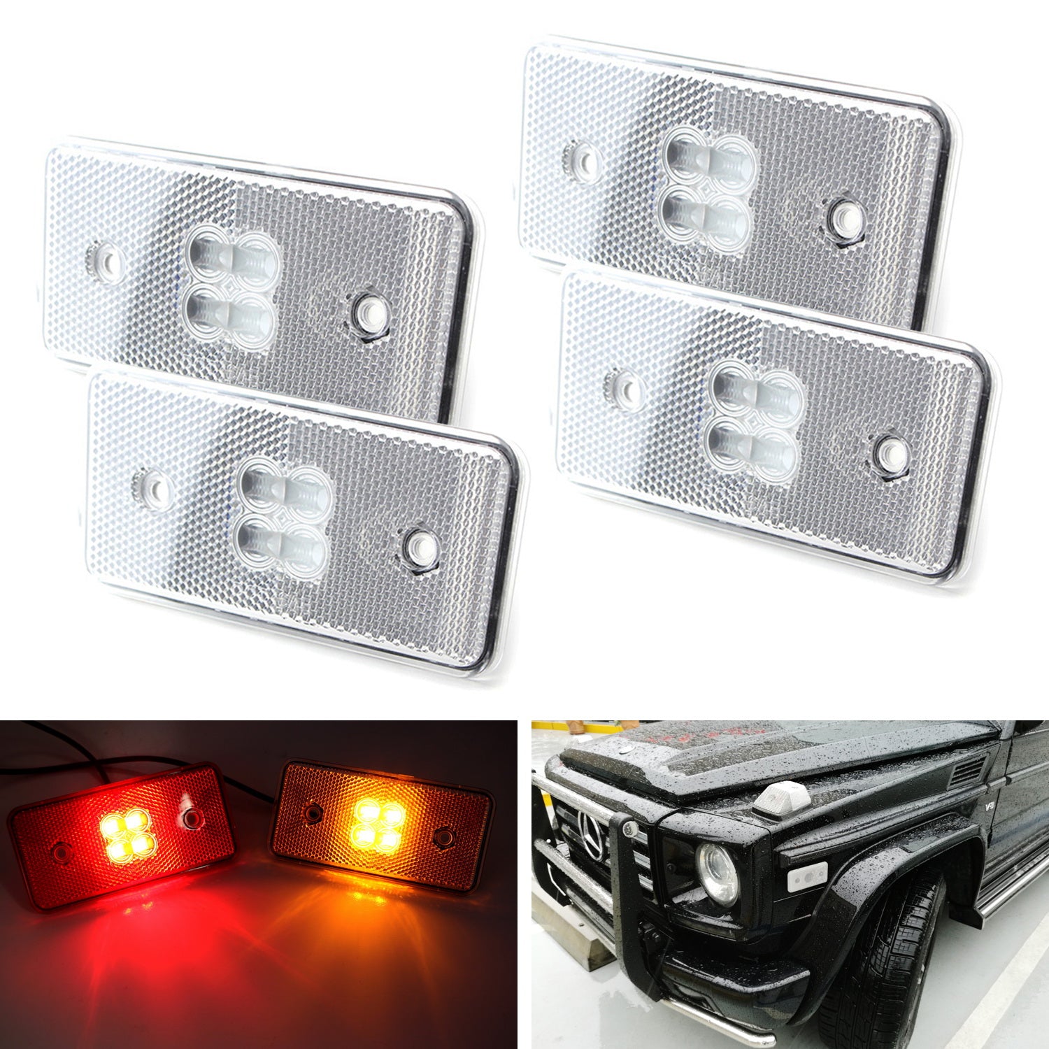 4-Piece Clear Lens Amber/Red Full LED Side Marker Lights for 2015-2018 Mercedes G Class - Upgrade Your Off-Road & Night Driving Safety