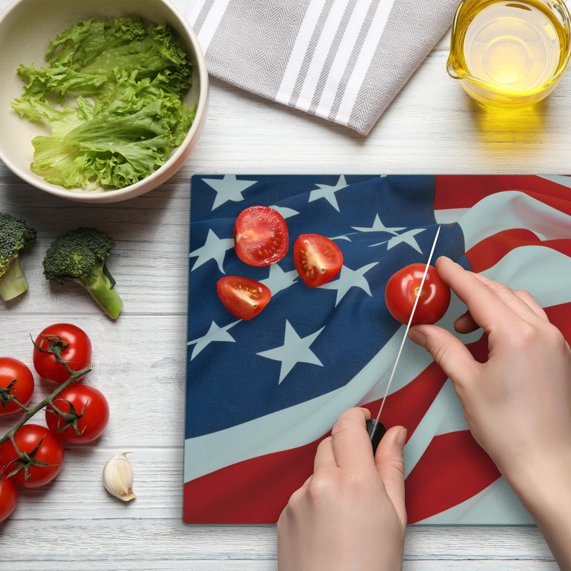 Ambesonne 4th of July Patriotic American Flag Cutting Board - Large Tempered Glass Serving Tray with Decorative Art Print - Perfect for Independence Day Parties, BBQ Serving & Kitchen Decor