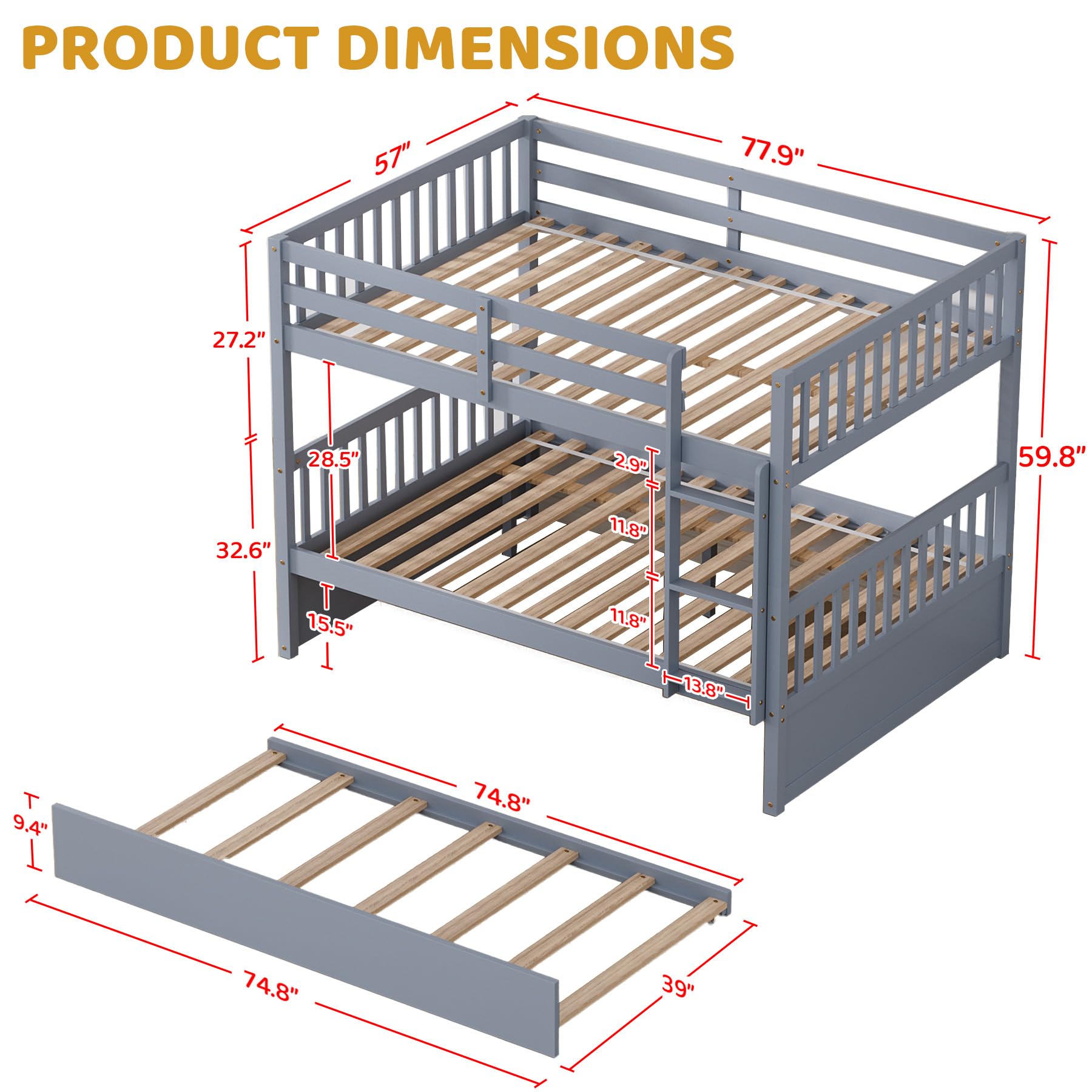 Rophefx Full Over Full Bunk Bed with Trundle - Convertible Wooden Bunk Beds for Kids, Teens & Adults - Sturdy Frame with Safety Rails & Ladder - Space-Saving Grey Bunkbed for Small Rooms, Guest Rooms & Vacation Homes