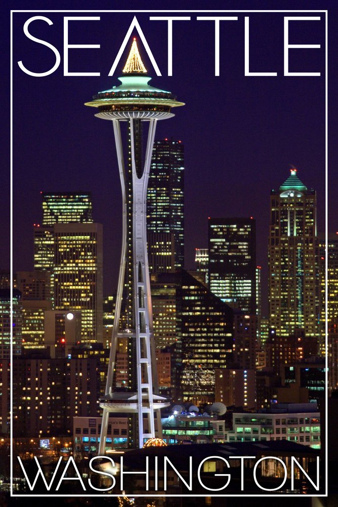 Space Needle Christmas Night View - 12x18 Wall Art Poster for Home & Office Decor | Seattle Washington Landmark Canvas Print | Perfect for Living Room, Bedroom & Gift Giving