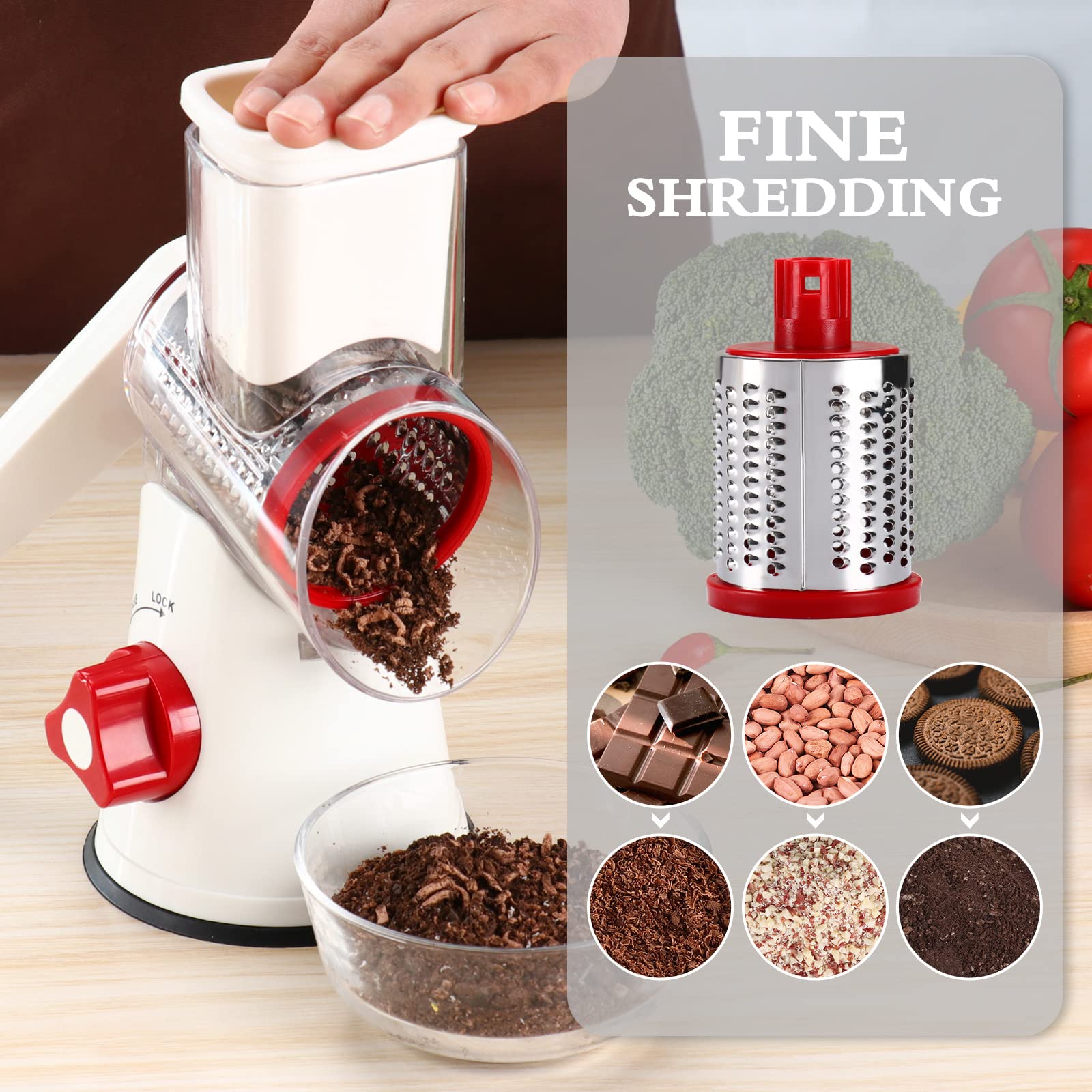 3-in-1 Rotary Cheese Grater & Vegetable Shredder - Manual Kitchen Mandoline Slicer for Potatoes, Carrots, Nuts, Garlic & Walnuts (White/Red) | Perfect for Salads, Pasta, Baking & Meal Prep