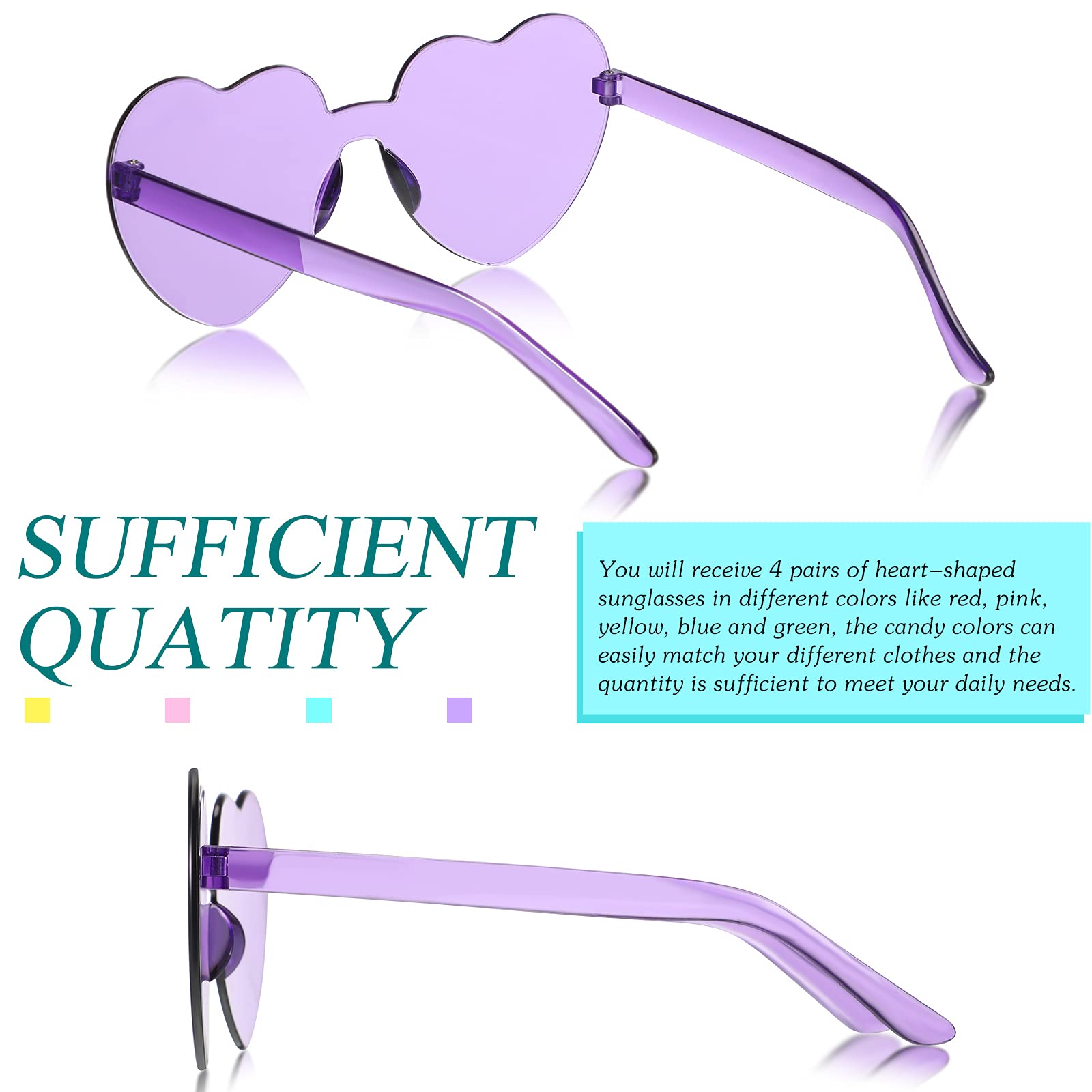 TOODOO 4 Pack Heart Shaped Sunglasses - Rimless Candy Colored UV Protection Glasses for Women & Men - Valentine's Day, Halloween Party, Festival & Cosplay Accessories - Perfect for Photoshoots, Music Festivals & Beach Outings