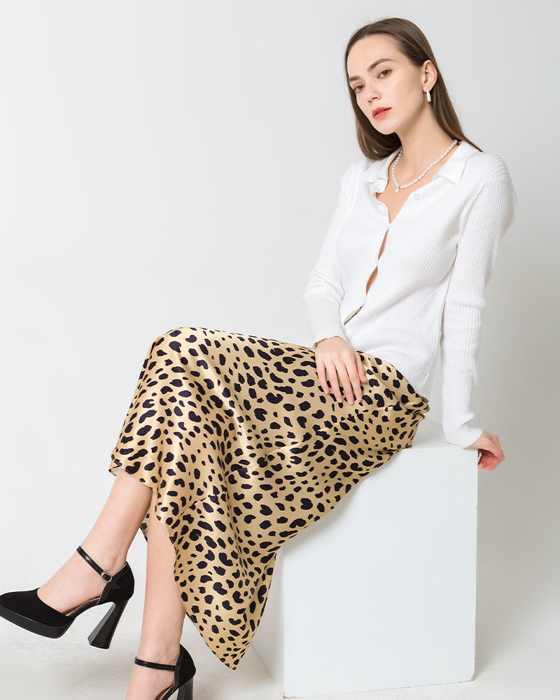 Silk Satin Bias Cut Long Leopard Print Skirt - Elegant Women's Fashion Skirt for Party, Date Night & Special Occasions