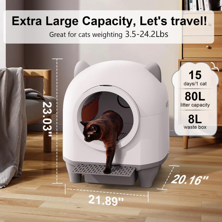 Self Cleaning Cat Litter Box - 80L Large Automatic Litter Robot for Multiple Cats with APP Control & Odor Removal, Includes 1 Roll Waste Bags (White) - Perfect for Busy Pet Owners & Multi-Cat Households