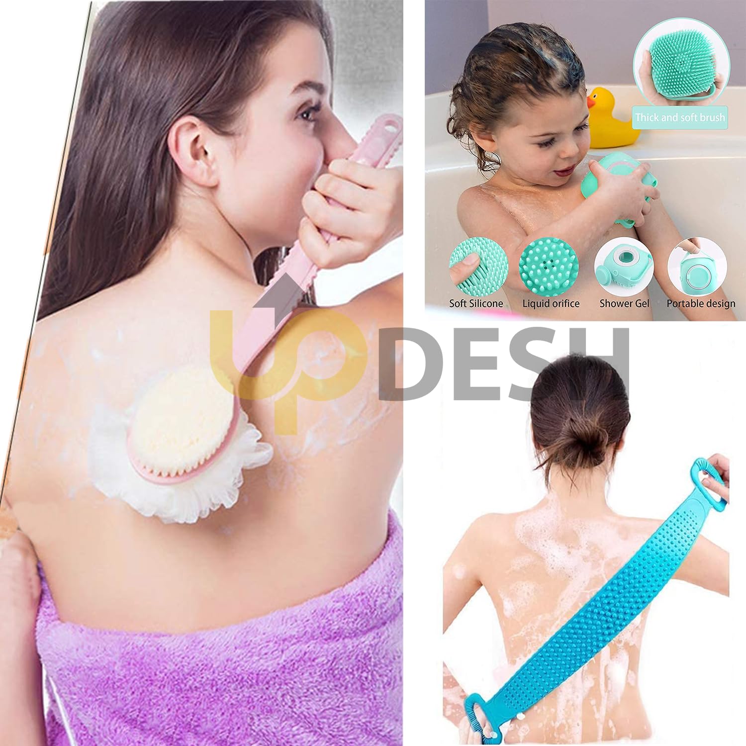 3-Pack Silicone Body Bath Brush Set with Shampoo Dispenser & Back Scrubber - Soft Exfoliating Shower Brush for Men, Women & Kids (Multi-Color) - Perfect for Sensitive Skin & Spa-Like Bath Experience