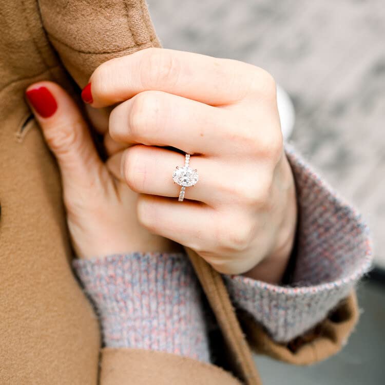 2 CT Oval Cut Moissanite Engagement Ring for Women - Platinum Plated Silver, Pave Setting | Perfect for Proposals, Anniversaries & Wedding Bands