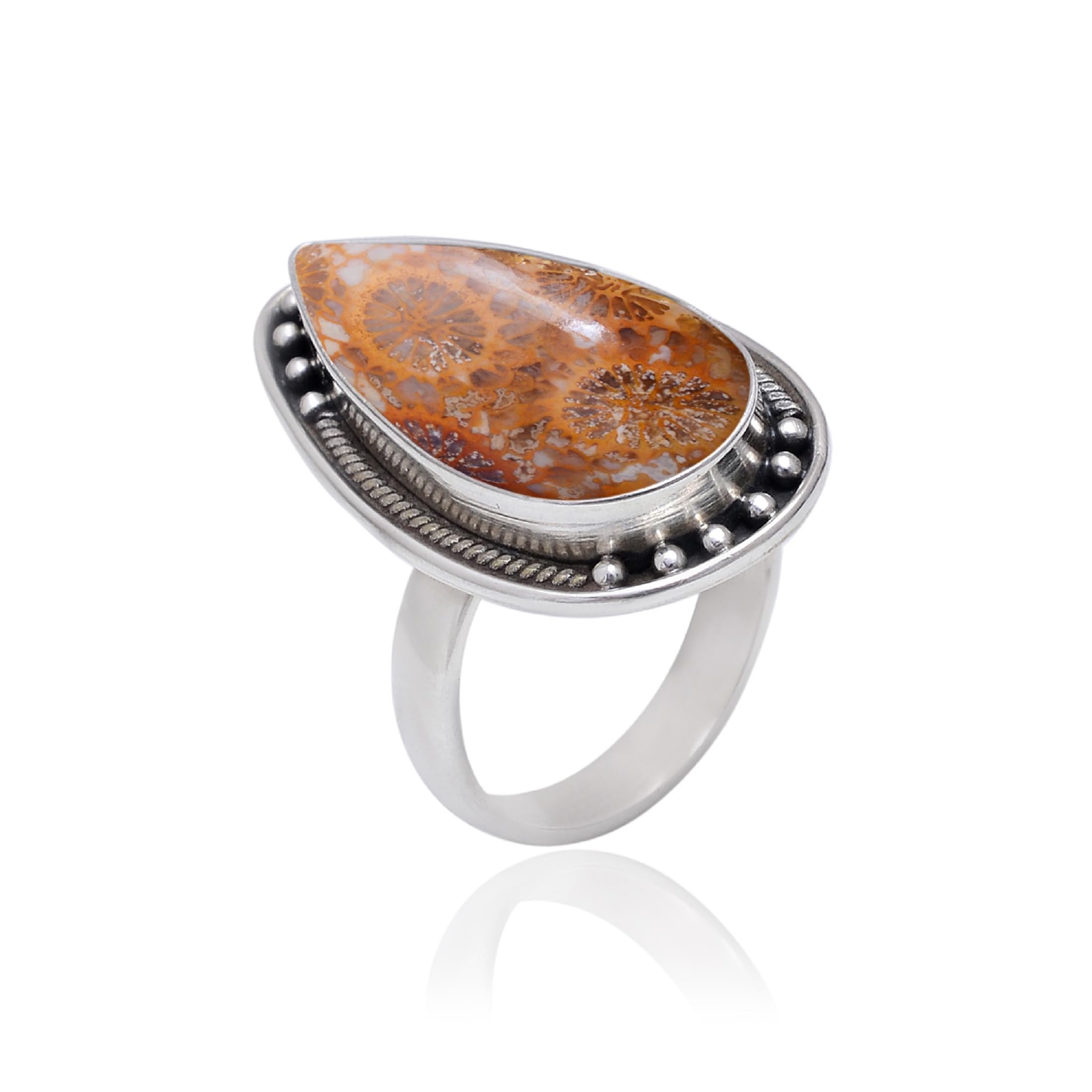 Veracity Jewelry 925 Sterling Silver Fossil Coral Jasper Ring for Women - Healing Meditation Gemstone Jewelry - Yellow Orange Jasper Stone Ring (VSR-211) - Perfect for Spiritual Healing, Yoga Practice & Everyday Elegance