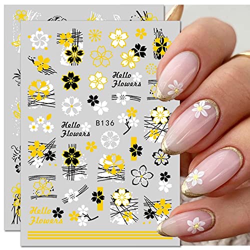 Floral Nail Art Stickers - Self-Adhesive Flower Nail Decals for Women & Girls | Spring Summer Nail Decorations in White, Black & Gold | 6 Sheets of Elegant Floral Designs | Perfect for Parties, Weddings & Everyday Nail Art