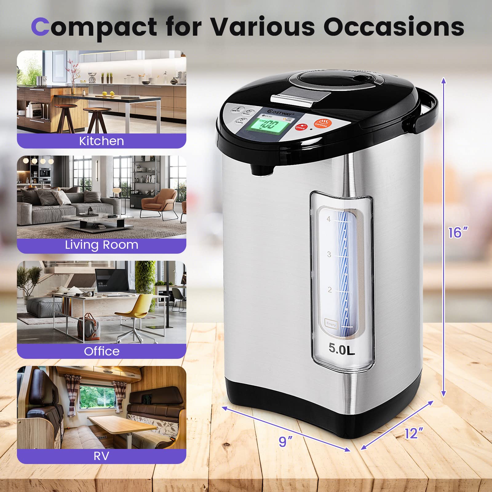 COSTWAY 5L Electric Hot Water Dispenser with LCD Display & 5-Temperature Settings, Stainless Steel Instant Boiler with Safety Lock - Perfect for Home, Office, Tea & Coffee Making