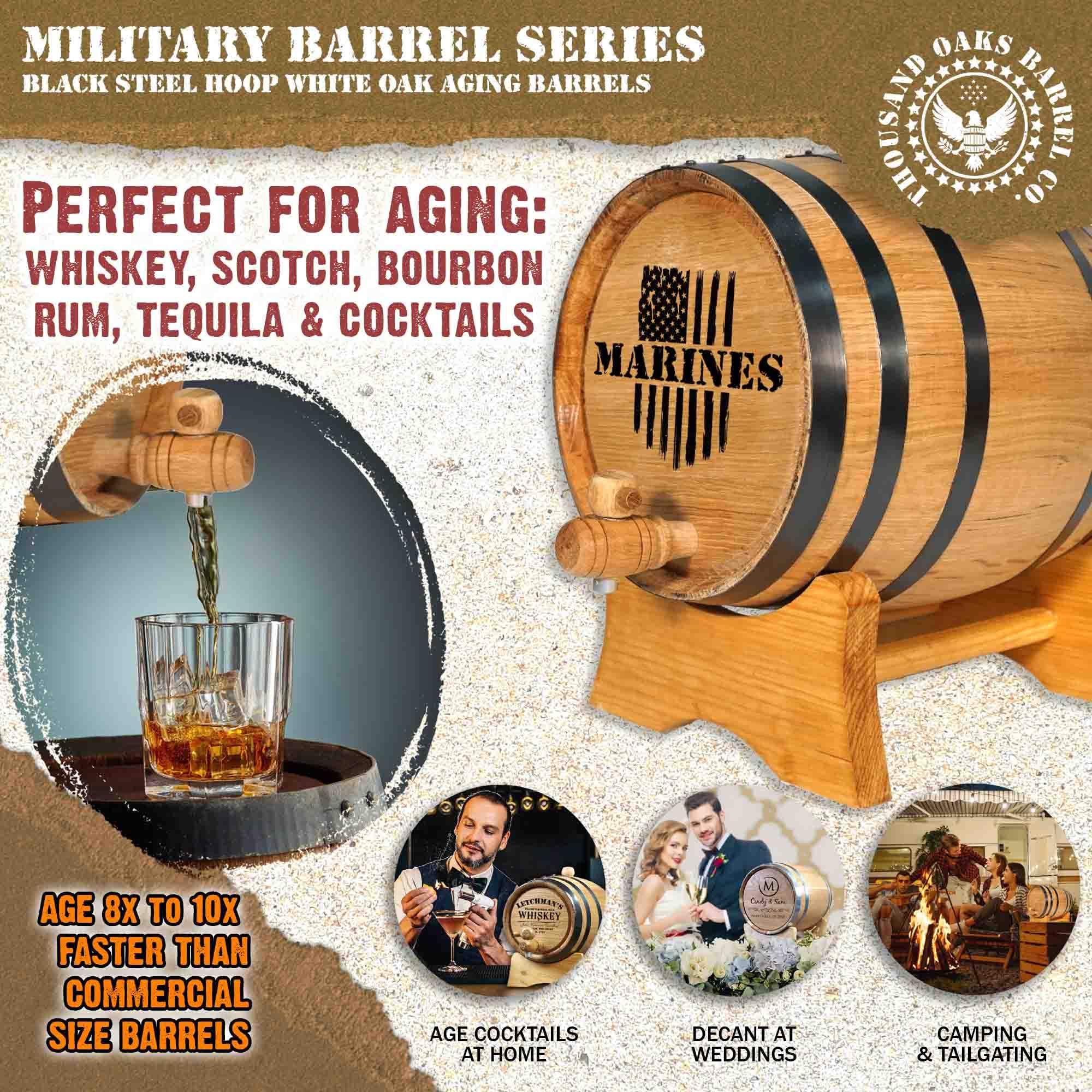 USMC Engraved 5 Gallon Oak Aging Barrel with Wood Stand - Military Veteran Gift, 20L Mini Whiskey Barrel for Home Distilling, Brewing & Winemaking | Perfect for Bourbon, Whiskey, Moonshine & Craft Beer Aging