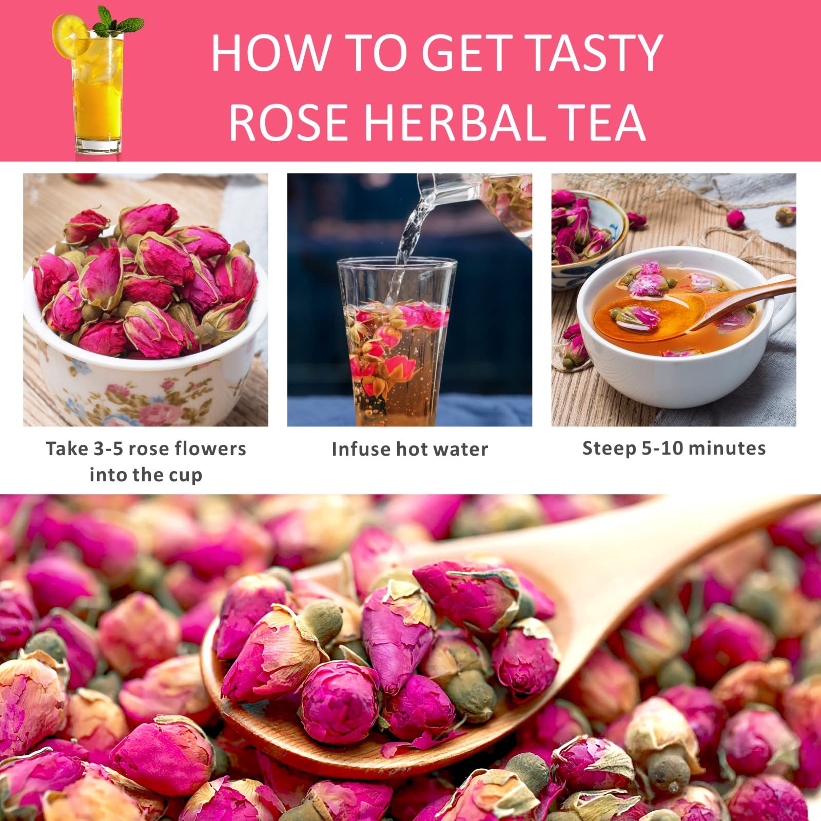 Premium Dried Rose Buds Tea - 100% Natural Edible Whole Rose Flowers, Loose Leaf Herbal Tea for Relaxation & Wellness - Fragrant Floral Beverage for Tea Lovers - Perfect for Easter Gifts, DIY Tea Blends & Aromatherapy - 2.8 oz