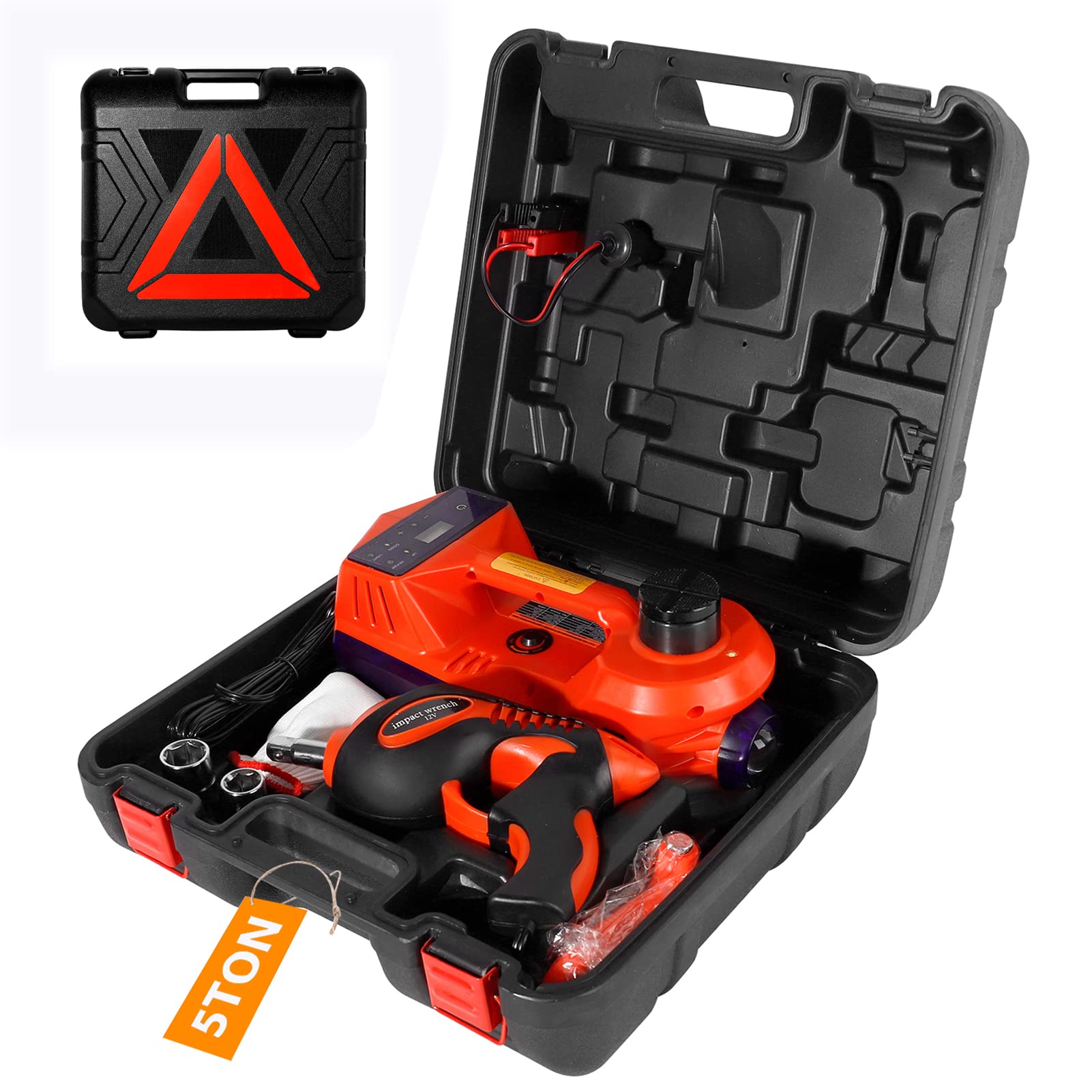5 Ton Electric Car Hydraulic Jack with Touch Screen - 12V Portable Floor Jack for SUV & Sedans - Includes Impact Wrench & Tire Inflator Pump - Quick Tire Change & Auto Repair Tool (Red) - Perfect for Garage, Roadside Emergencies & DIY Car Maintenance