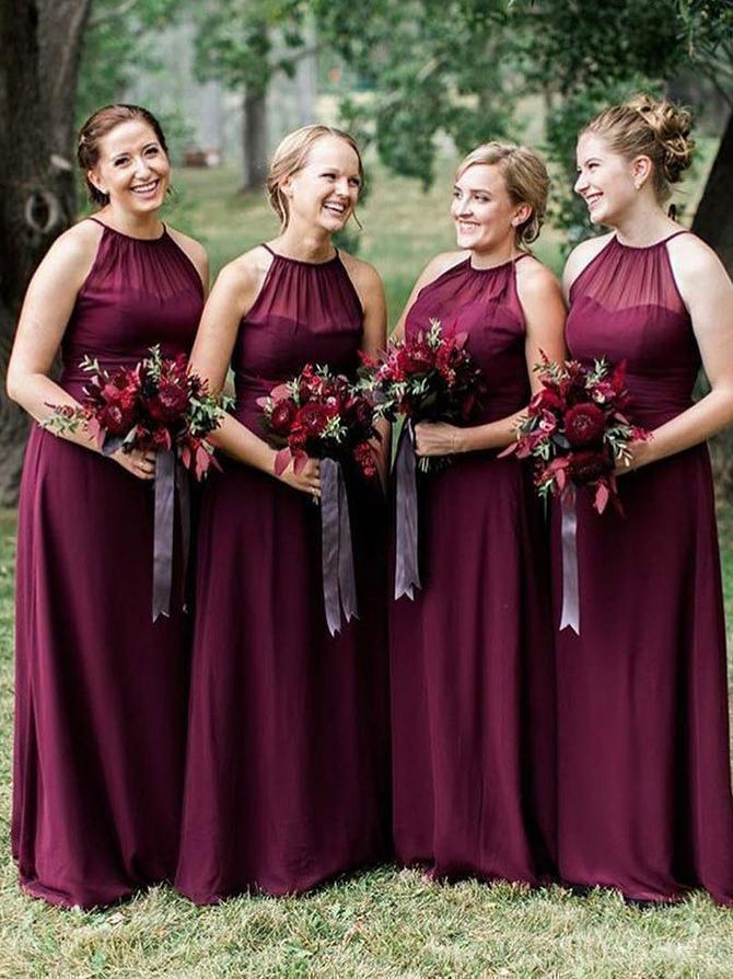 Elegant Halter Neck Plum Chiffon Long Bridesmaid Dress - WG575 | Affordable Formal Gowns for Weddings, Parties & Special Occasions