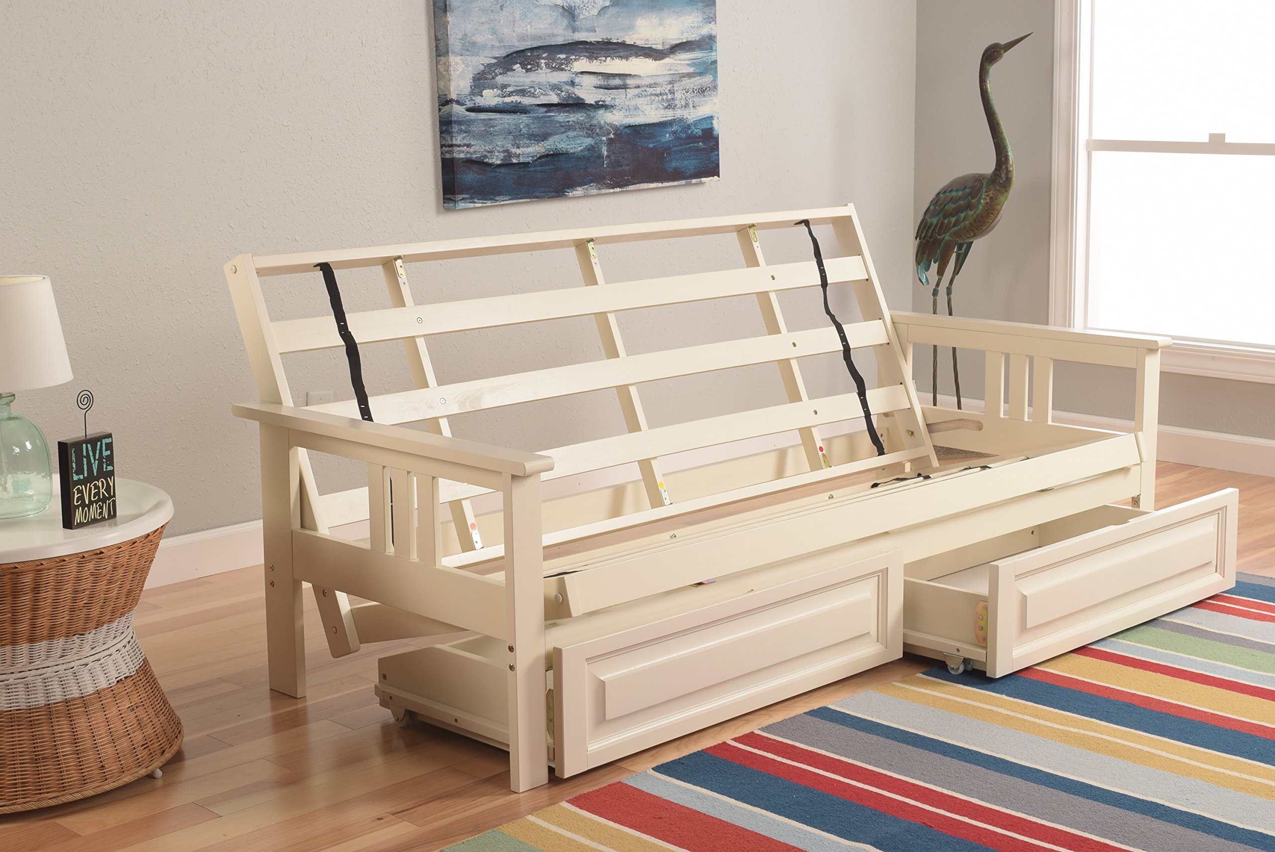 Kodiak Futons Monterey Convertible Sofa Bed Frame with Storage Drawers - Antique White - Space-Saving Furniture for Small Apartments, Guest Rooms & Dorm Rooms
