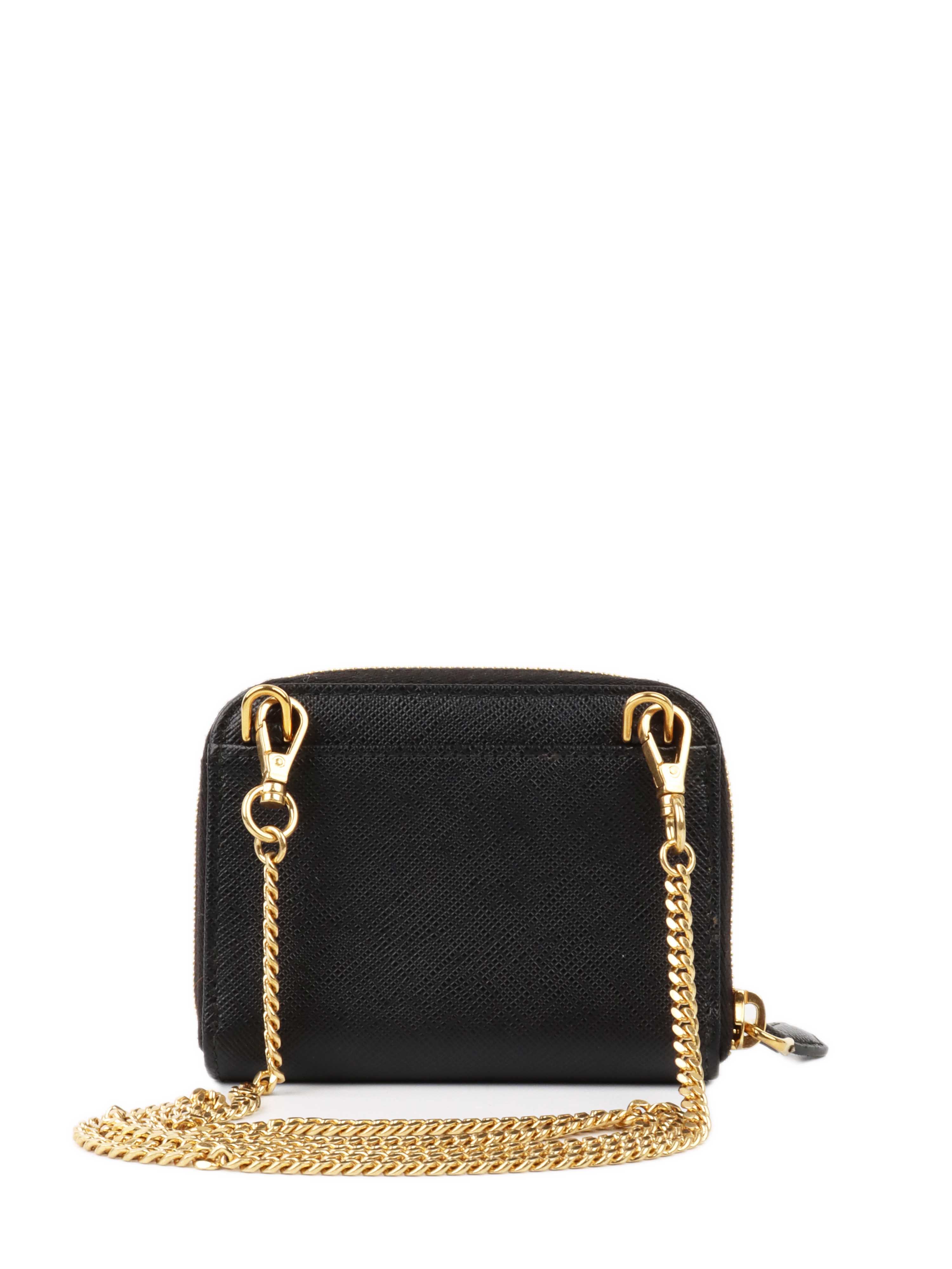 Prada Black Saffiano Leather Card Holder with Chain - Luxury Compact Wallet for Credit Cards & ID - Perfect for Everyday Use, Travel & Night Out