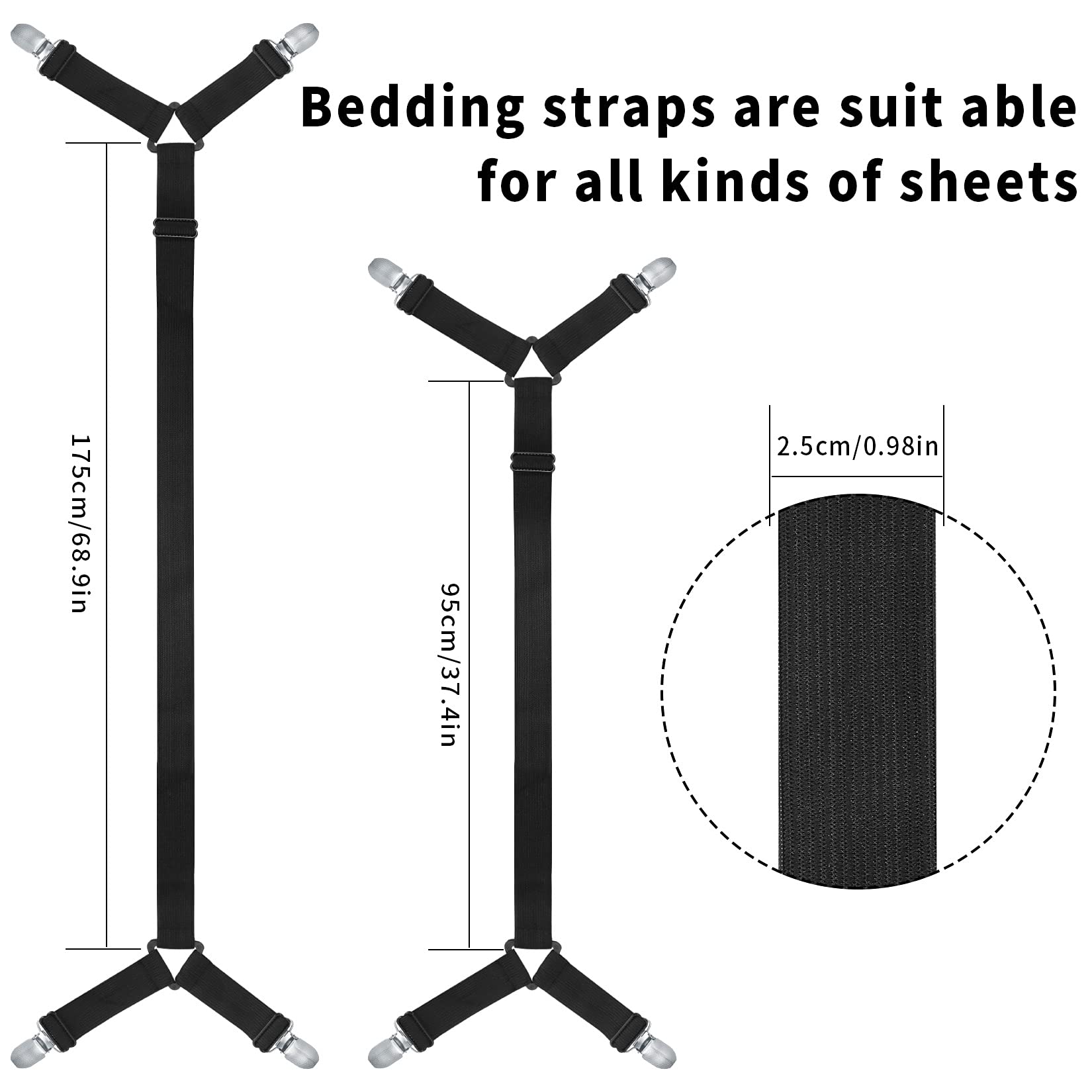 Aoyfuwell Adjustable Bed Sheet Fasteners - 2 Pack Elastic Mattress Clips & Grippers for All Bed Sizes, Fitted Sheets & Mattress Covers (Black) | Secure Sheets for Better Sleep, Travel & Hospital Use