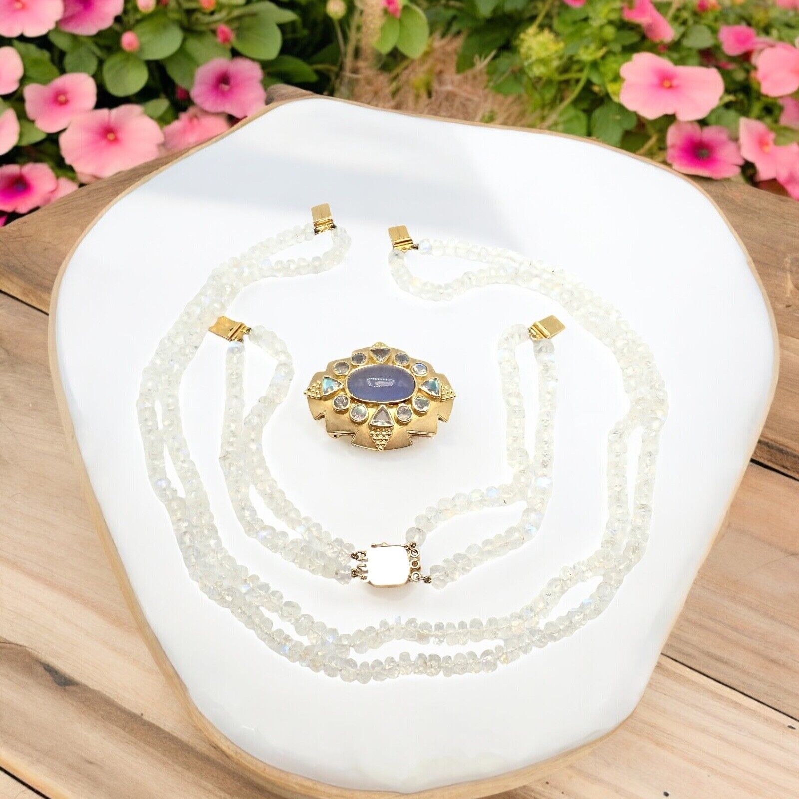 Paula Crevoshay 18k Gold Moonstone Chalcedony Jewelry Set - Brooch, Bracelet & Necklace OOAK for Special Occasions & Luxury Gifts