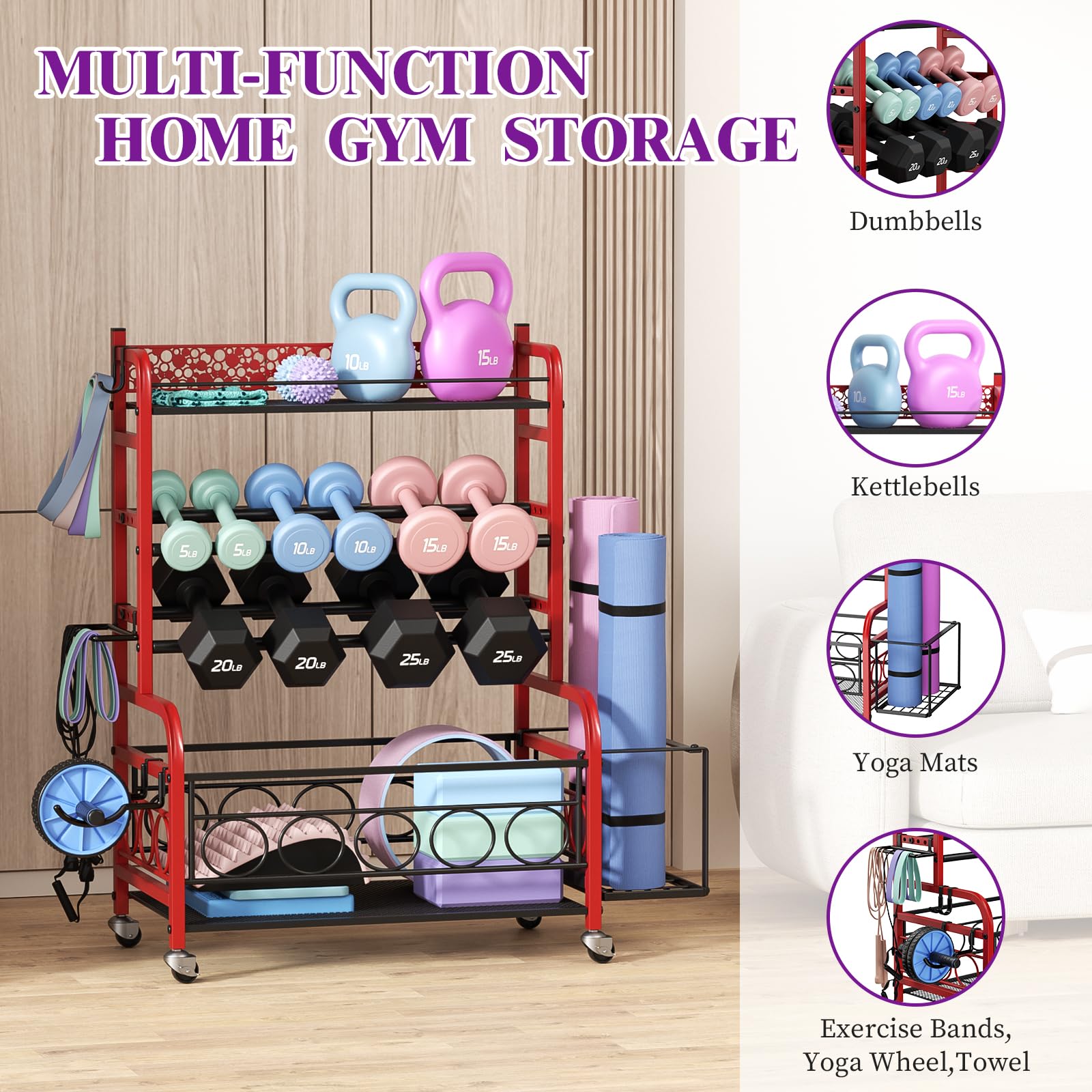 VOPEAK Adjustable Dumbbell Rack with Wheels - Heavy Duty Home Gym Storage Organizer for Dumbbells, Kettlebells & Yoga Mats - Perfect for Strength Training Equipment & Small Space Workout Areas - Ideal for Home Gym, Garage Fitness & Yoga Studio Organization