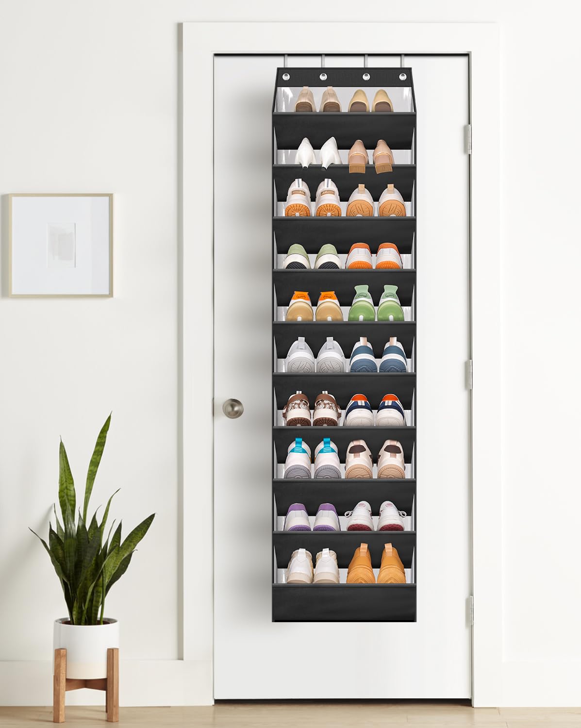 AOODA 10-Tier Clear Over The Door Shoe Organizer - Large Hanging Shoe Rack with Deep Pockets for Sneakers, Boots & Sandals - Fits 20 Pairs - Space Saving Closet Storage Solution for Bedroom, Dorm & Apartment (Black)