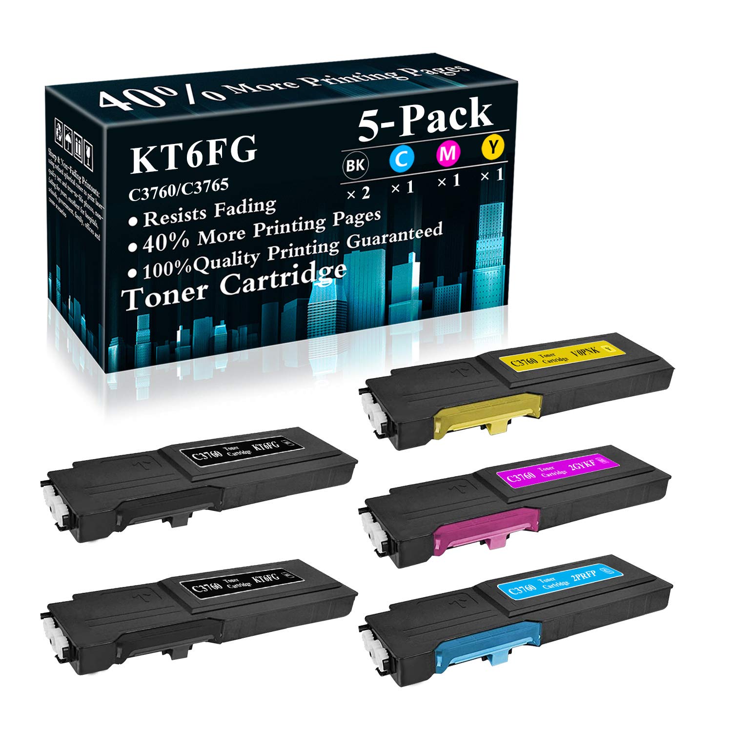 5-Pack (2BK+C+M+Y) KT6FG 2PRFP 2GYKF V0PNK Compatible Toner Cartridge Replacement for Dell C3760dn C3760n C3765dnf Printer - High Yield Printing for Office & Home Use, Sold by TopInk