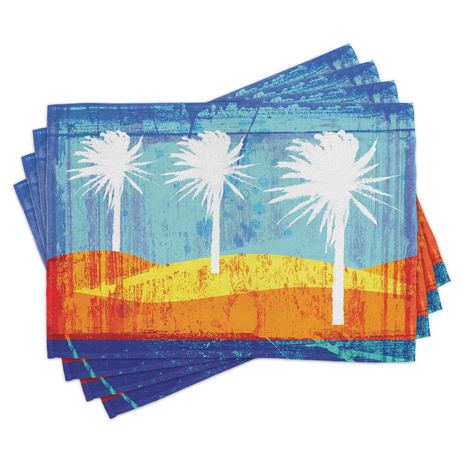 Ambesonne 4-Piece Burnt Orange Placemats Set - Modern Tropical Beach with Palm Trees Design, Washable Fabric Place Mats for Dining Table, Kitchen Decor in Orange, Blue & White | Perfect for Indoor & Outdoor Dining, Parties, and Home Decor