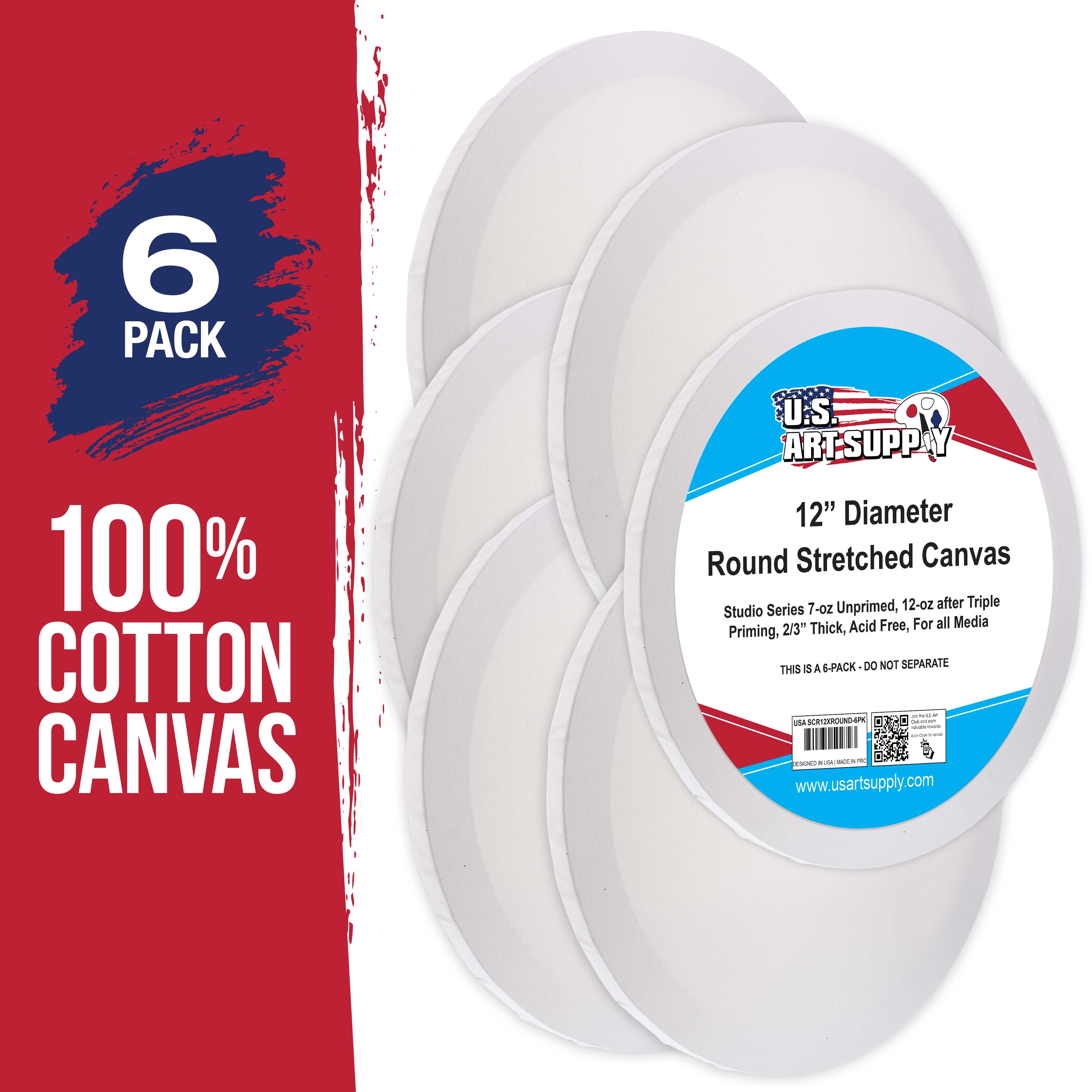 12 Inch Round 12oz Primed Gesso Professional Artist Canvas - Acid-Free Stretched Painting Surface (Pack of 6) for Oil, Acrylic & Watercolor Art Projects