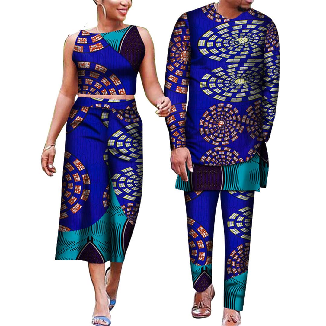African Print Couple Outfit - Floral Dashiki Crop Top & Skirt Set for Women, Matching Men's Suits - Plus Size 16 - Perfect for Valentine's Day, Anniversary Gifts & Cultural Celebrations