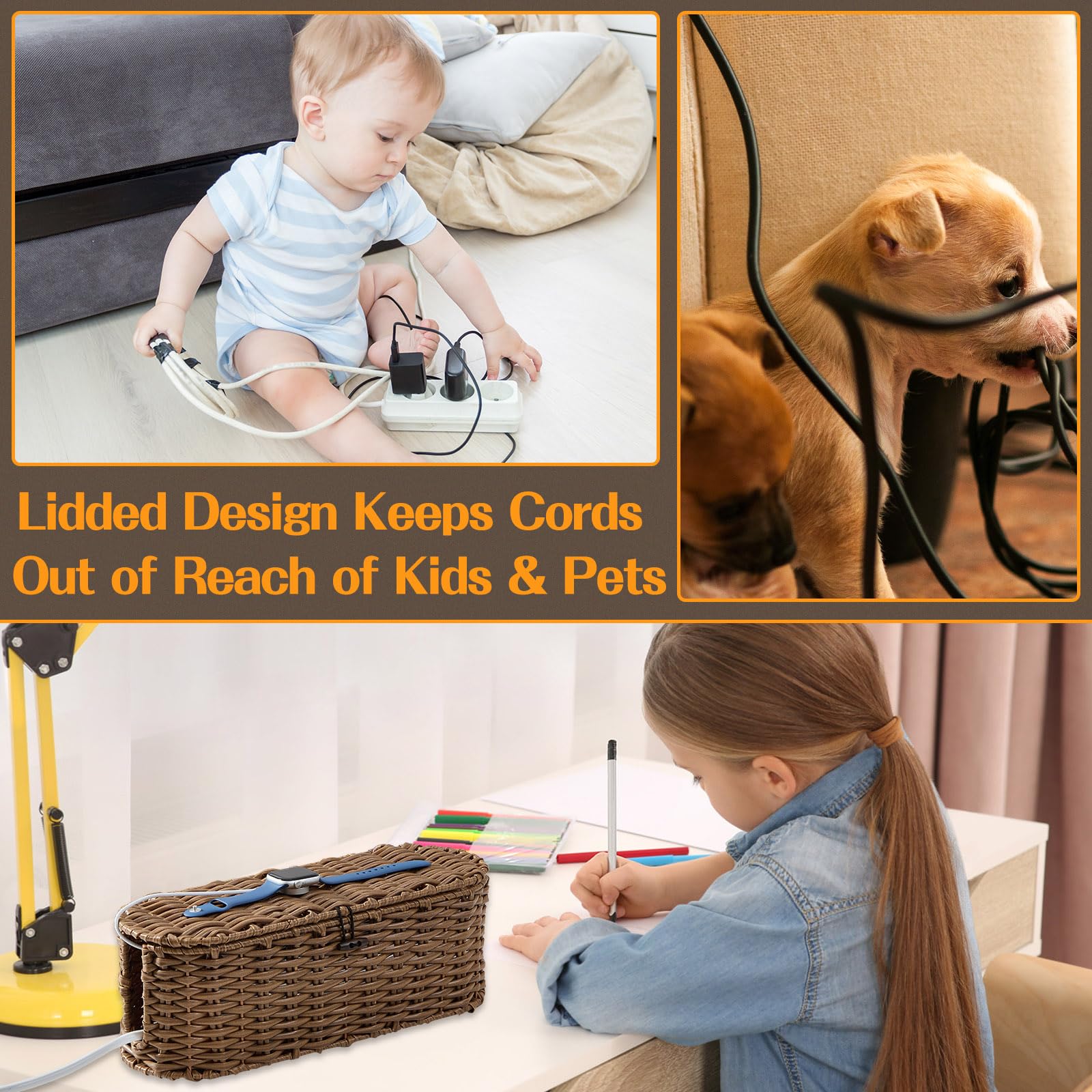 FairyHaus 2-Pack Woven Cable Management Box - Small & Large Cord Organizer to Hide Power Strips & Wires | Brown Wicker-Style Desk & Floor Cable Hider for Home Office, Living Room & Bedroom Organization