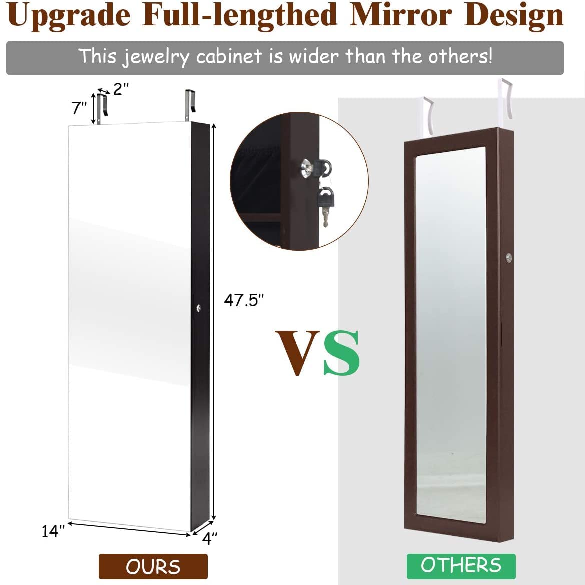 Hysache Full-Length Mirror Jewelry Armoire with LED Lights - Lockable Wall Mount Jewelry Cabinet Organizer with Makeup Pouch, Bracelet Rod & Storage for Necklaces, Rings - Perfect for Bedroom, Dressing Room & Vanity (Brown)