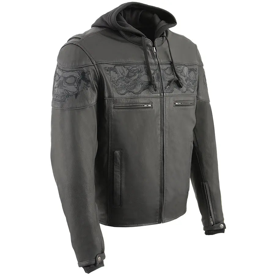 Milwaukee Leather Men's Crossover Scooter Jacket with Reflective Skulls & Removable Hood - Motorcycle Riding, Urban Fashion, Winter Outerwear