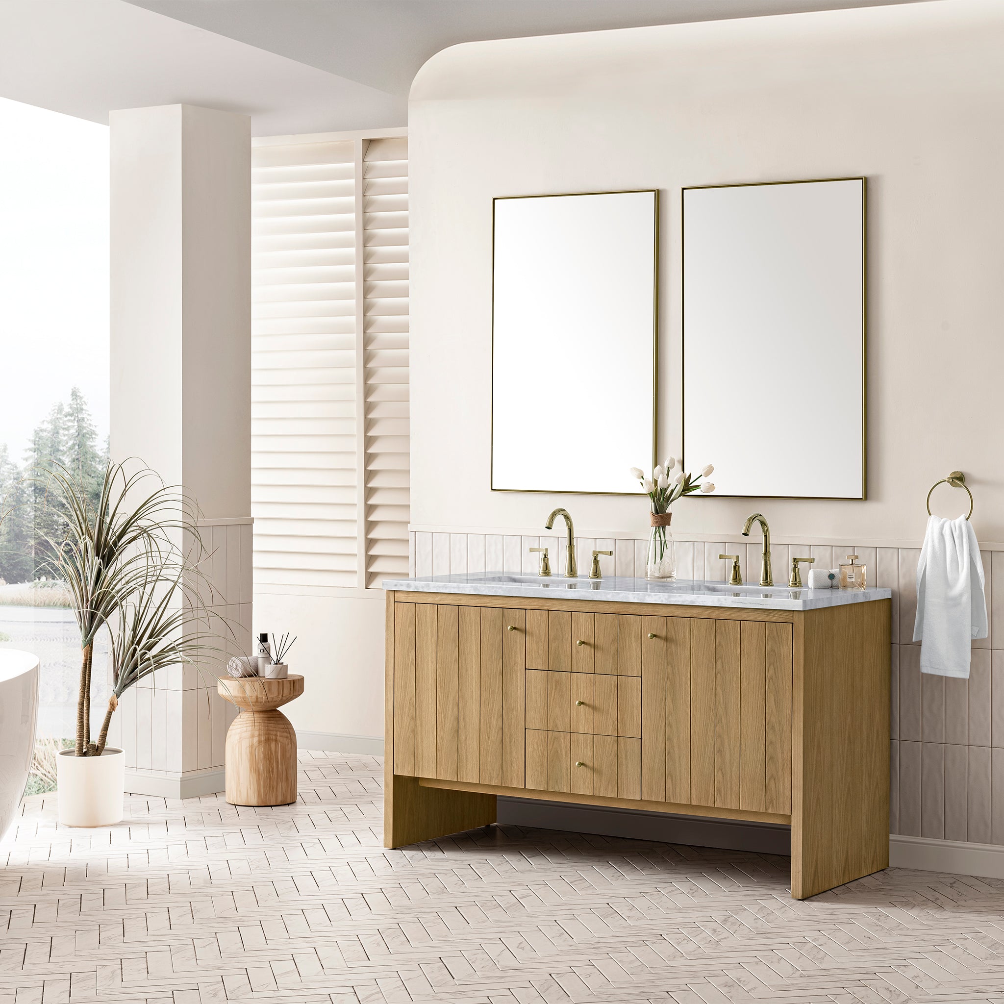 60-Inch Hudson Double Bathroom Vanity in Light Natural Oak with 3CM Arctic Fall Quartz Countertop - Perfect for Master Bathroom Renovation & Modern Home Decor