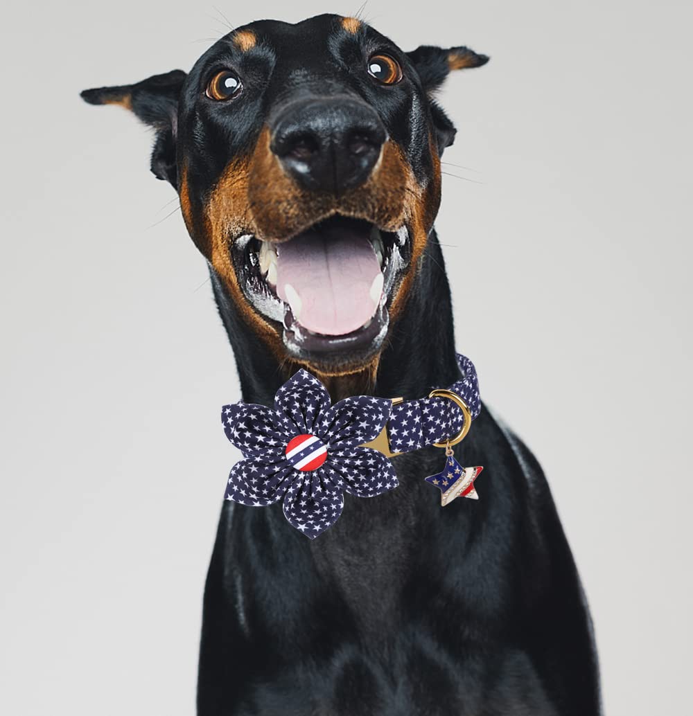 DOGWONG Patriotic American Flag Dog Collar with Flower Design - Comfortable & Durable Fourth of July, Memorial Day Pet Collar for Small, Medium & Large Dogs - Perfect for Independence Day Celebrations & Outdoor Adventures