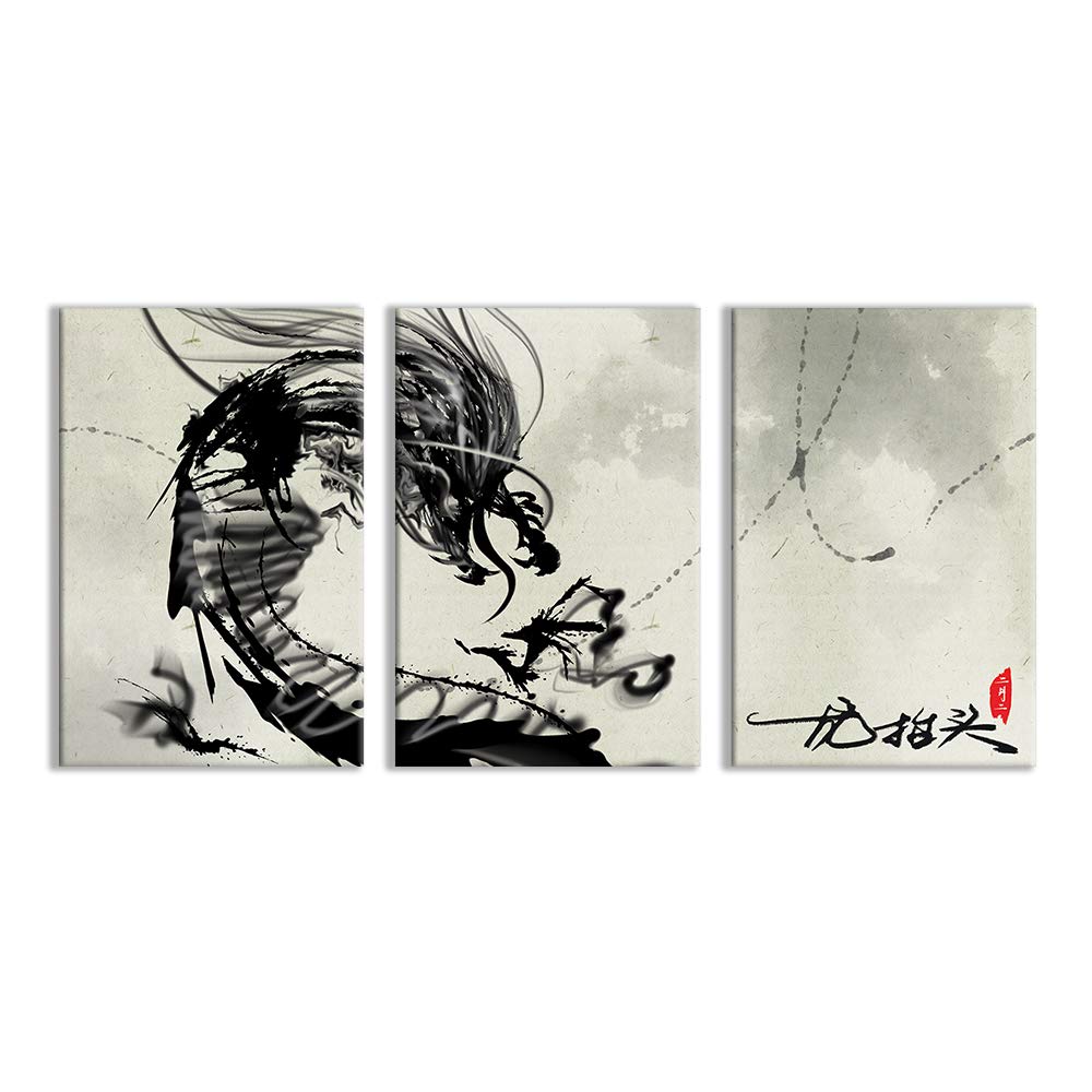 East Dragon Ink Painting Canvas Wall Art - 3 Panel Asian Home Decor - Framed & Ready to Hang 24x36 Inch - Modern Office & Living Room Wall Decor for Zen Style Interior Design